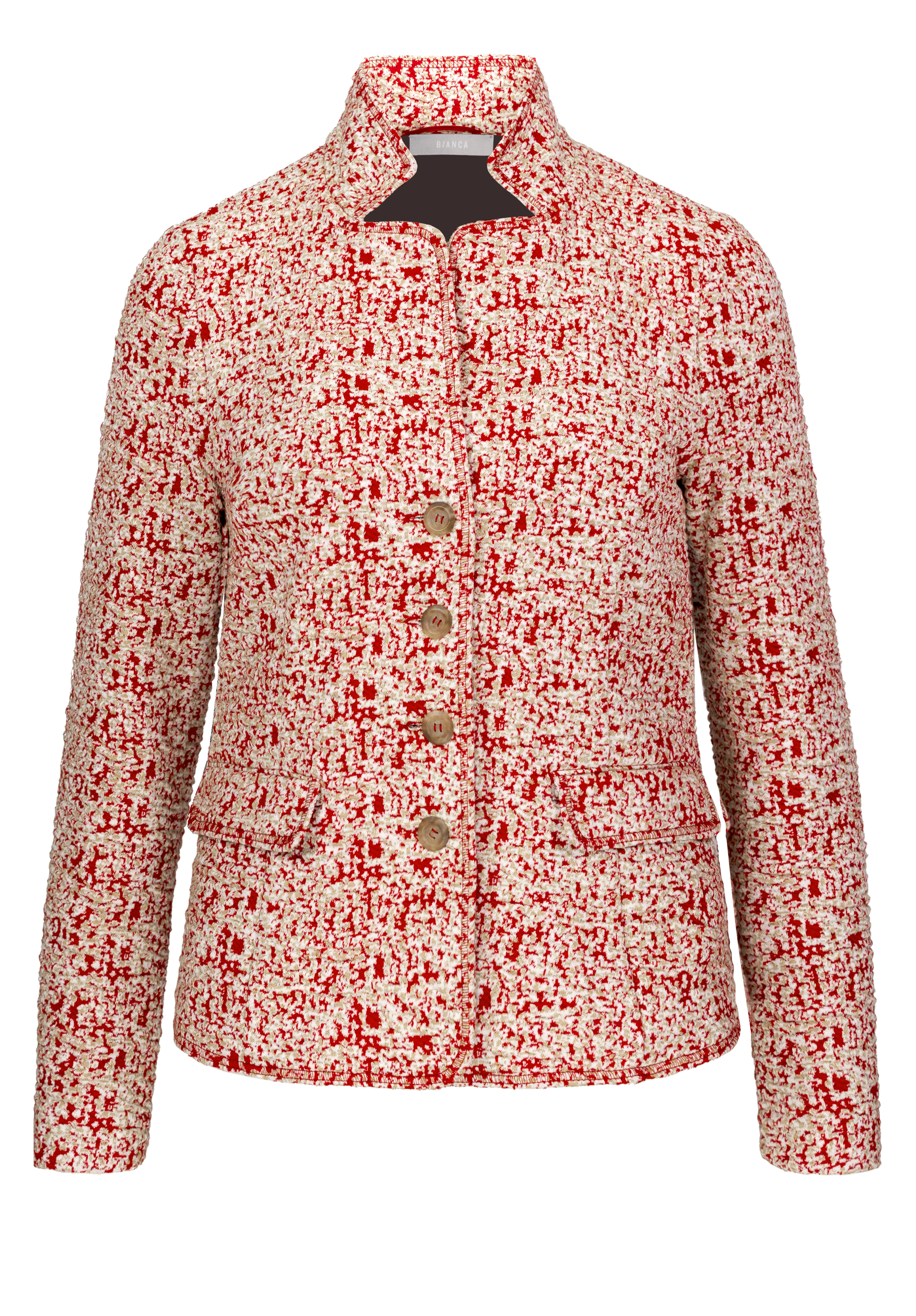 Kurzblazer JOALINA Eine Damen-Tweedjacke mit einem rot-weißen Strukturmuster, einem Stehkragen, langen Ärmeln, aufgesetzten Vordertaschen und goldfarbenen Knöpfen in der Mitte.