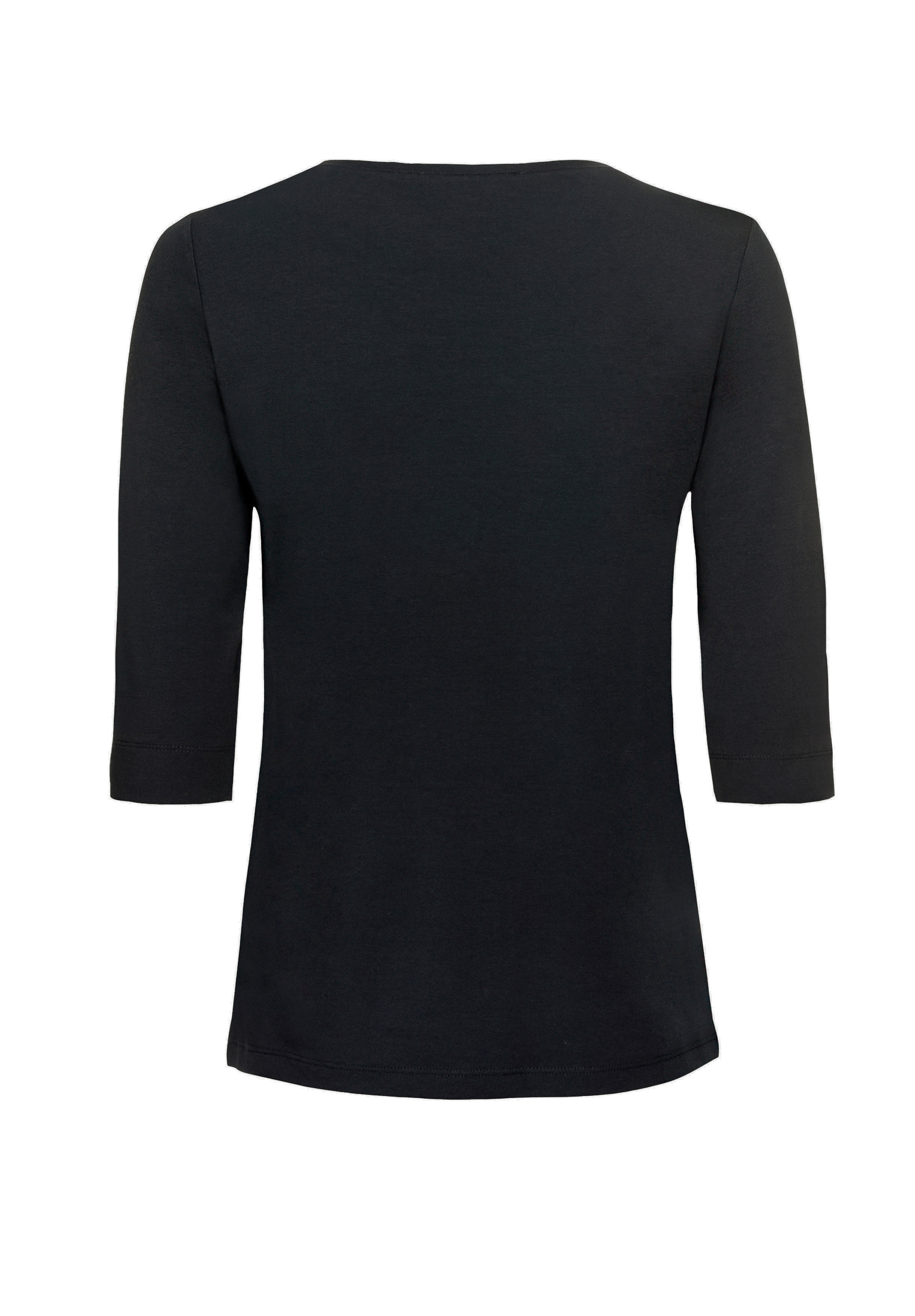Ein schlichtes schwarzes T-Shirt mit Dreiviertelärmeln, von hinten gesehen, vor einem weißen Hintergrund.