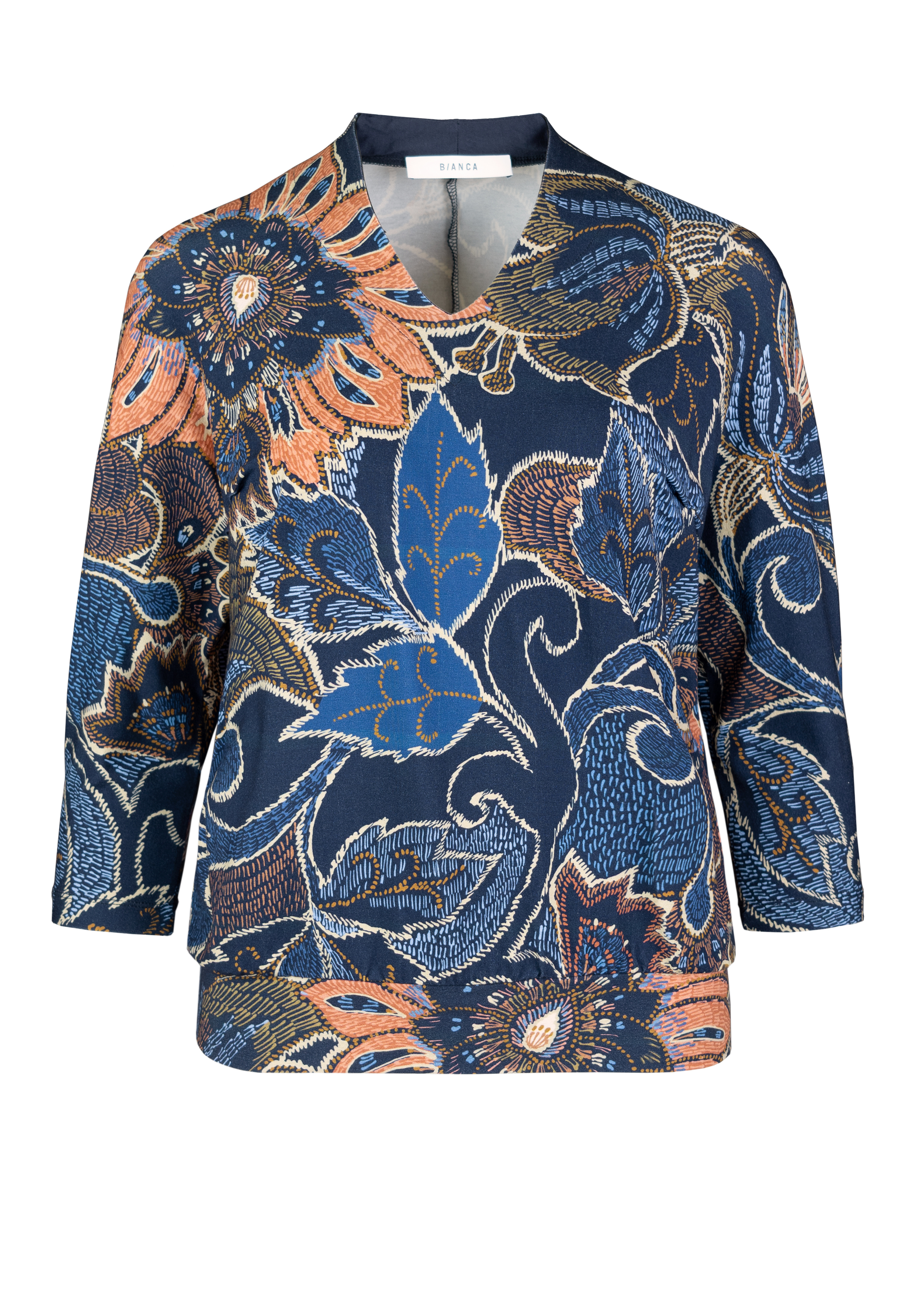 Langärmelige Bluse mit blauem, orangefarbenem und beigem Blumenmuster, mit V-Ausschnitt und lockerer Passform. Der Stoff hat einen reich strukturierten, bestickten Look mit verschlungenen Blatt- und Blumenmustern.