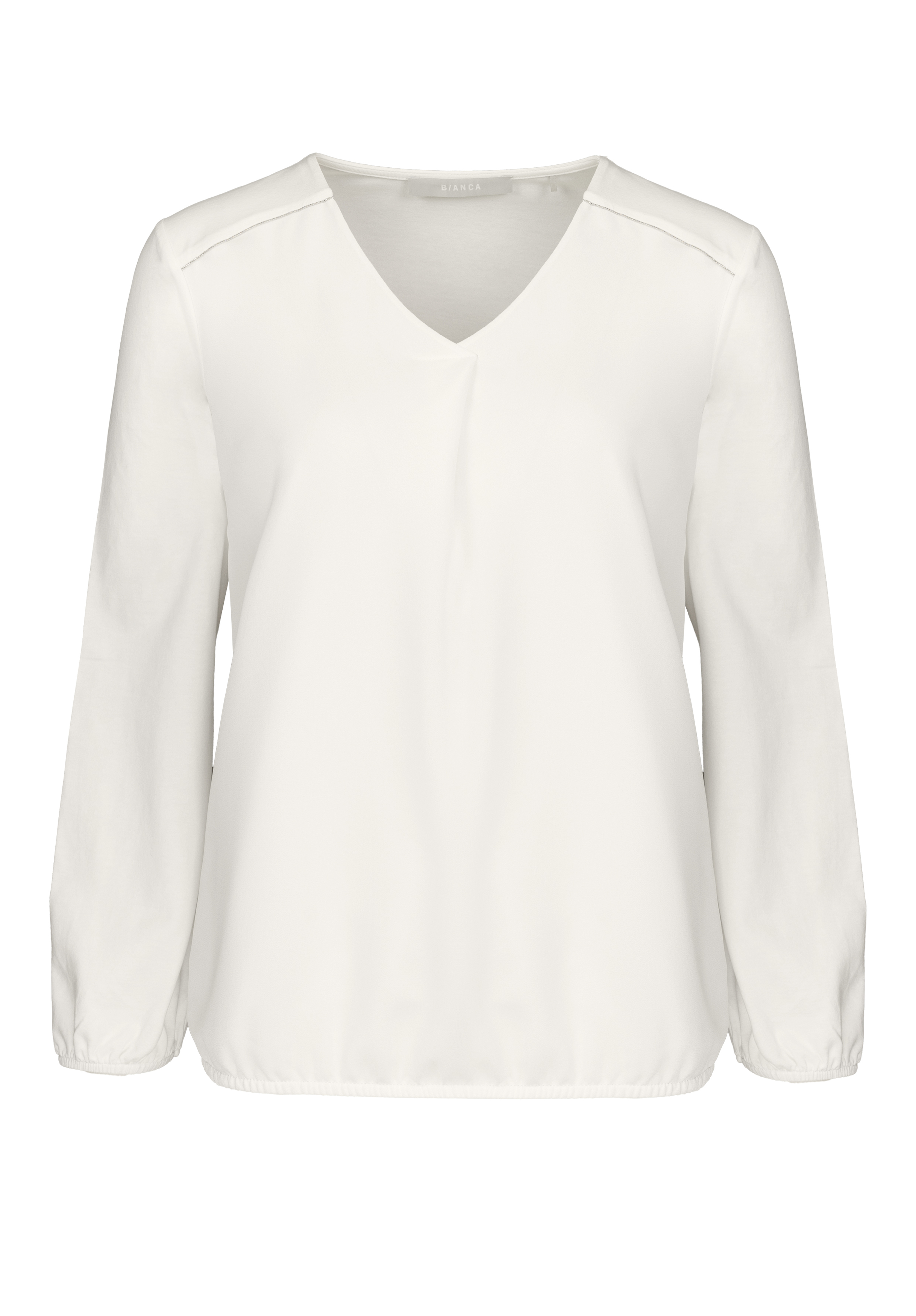 Blusenshirt FLORIA Eine langärmelige, weiße Bluse mit V-Ausschnitt, lockerer Passform, dezenten Schulternähten und elastischem Saum. Die Bluse hat ein schlichtes, minimalistisches Design ohne sichtbare Knöpfe oder Verzierungen.
