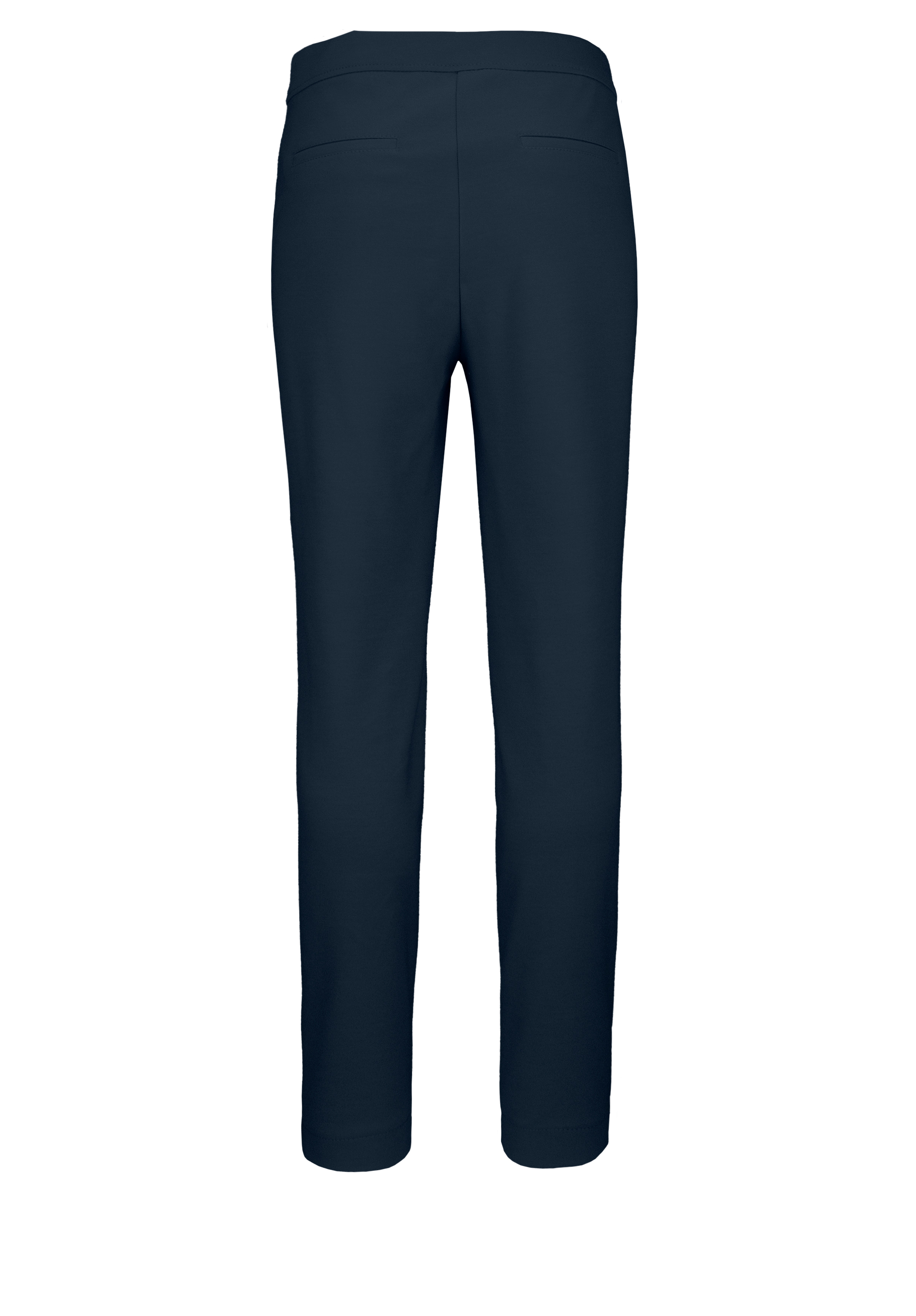 Rückansicht einer dunkelmarineblauen Hose mit geradem Beinschnitt und zwei Leistentaschen auf der Rückseite, abgebildet auf einem schlichten weißen Hintergrund.