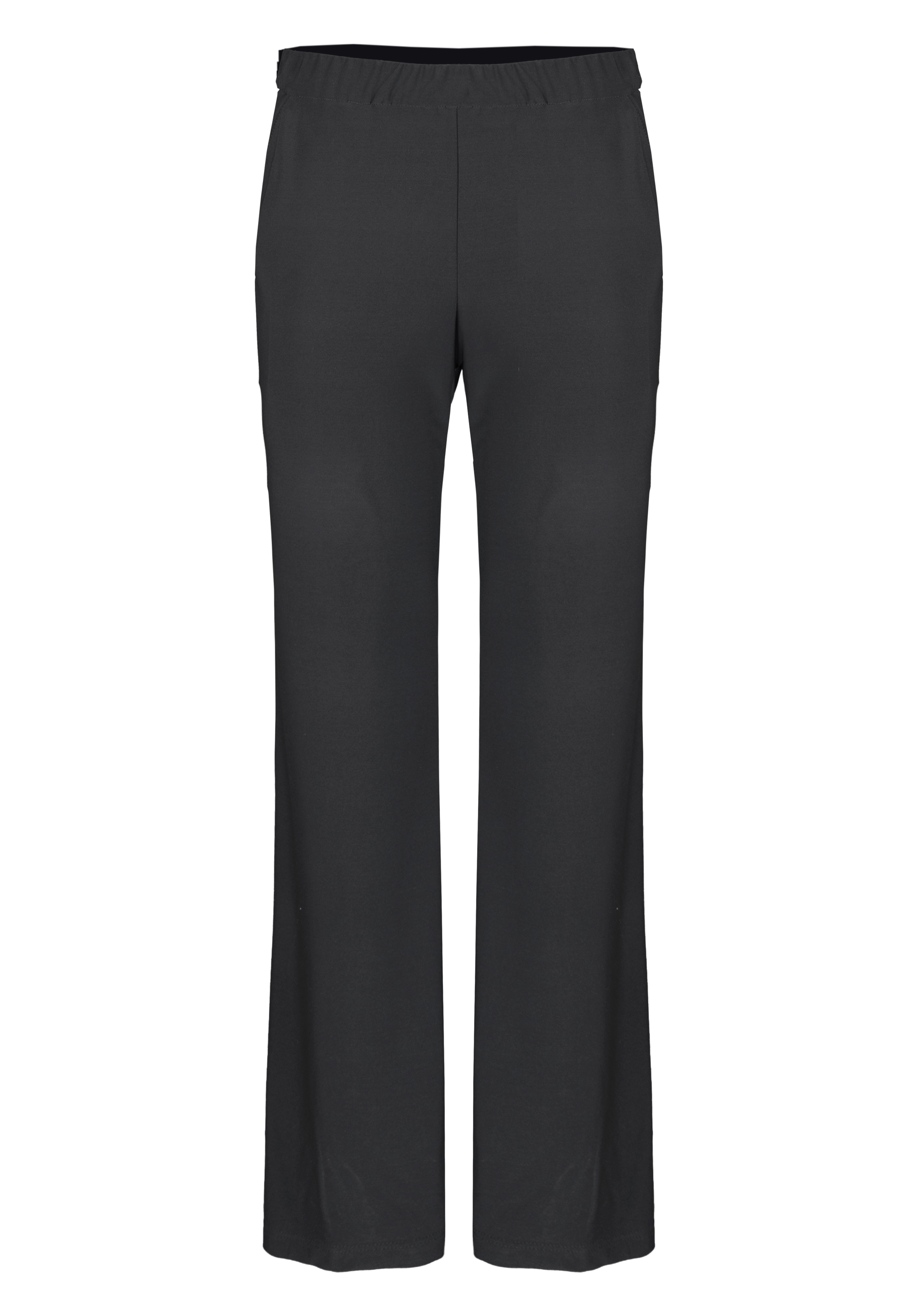 Schwarze Hose mit geradem Bein und elastischem Bund, abgebildet vor einem schlichten weißen Hintergrund. Die Hose hat ein schlichtes, klassisches Design ohne sichtbare Taschen oder Verzierungen.