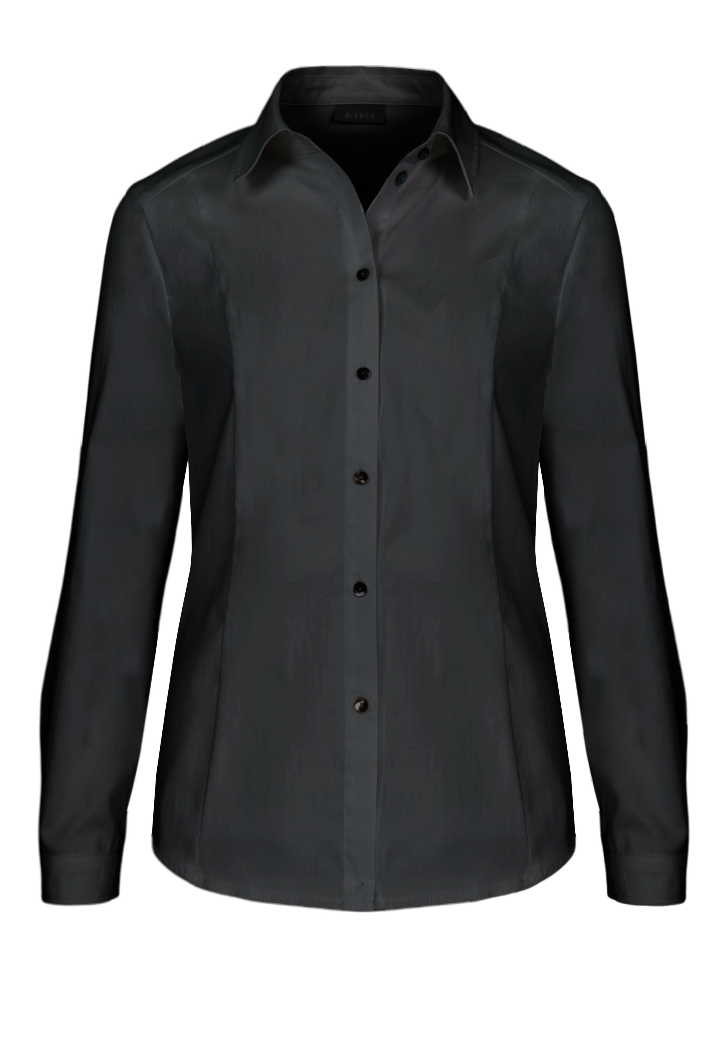 Hemdbluse LINDA Ein langärmeliges, schwarzes Hemd mit Knopfleiste und Kragen, abgebildet auf einem schlichten weißen Hintergrund.