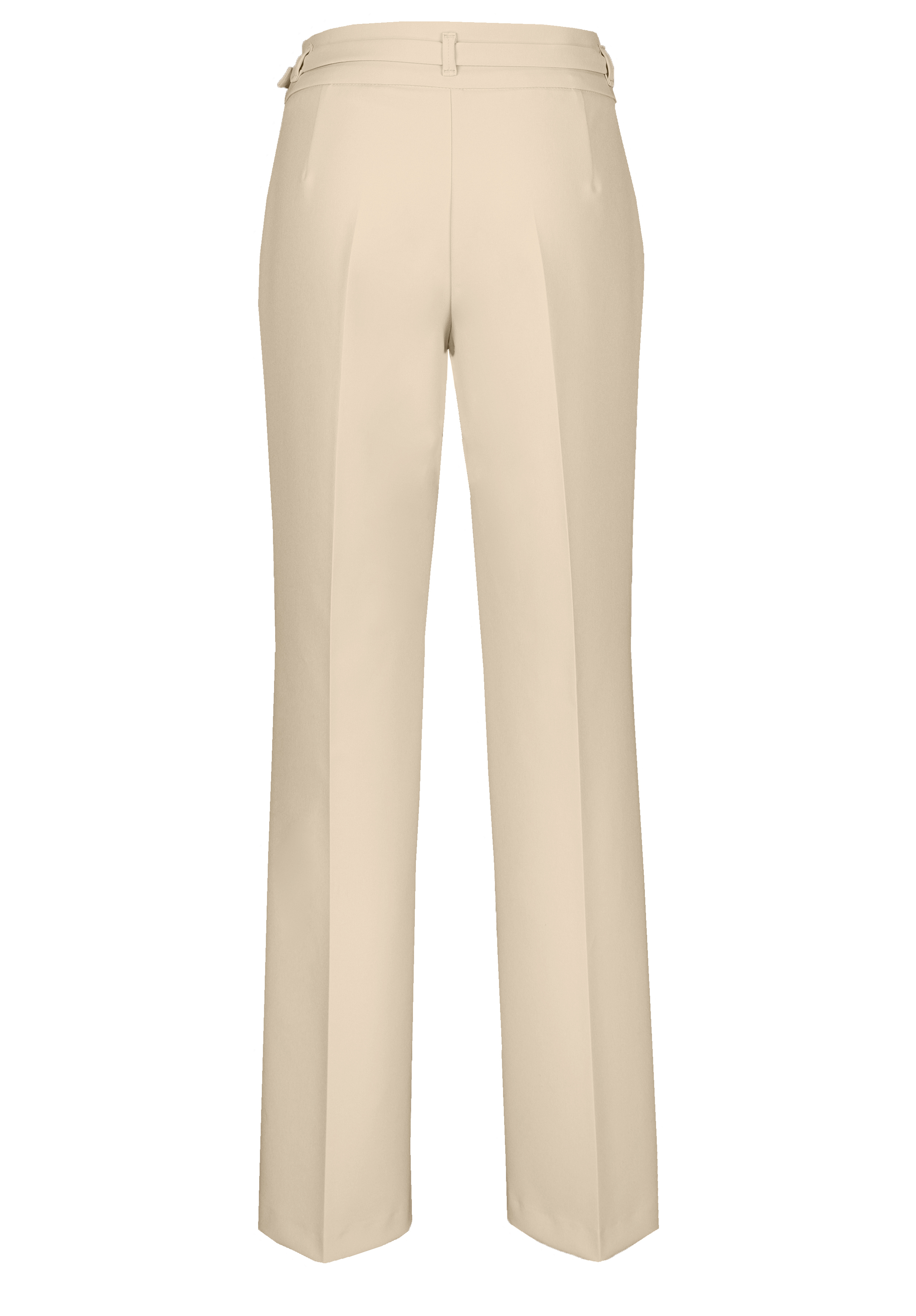 Rückansicht einer beigen Anzughose mit geradem Bein, Bund, Gürtelschlaufen und Leistentaschen.