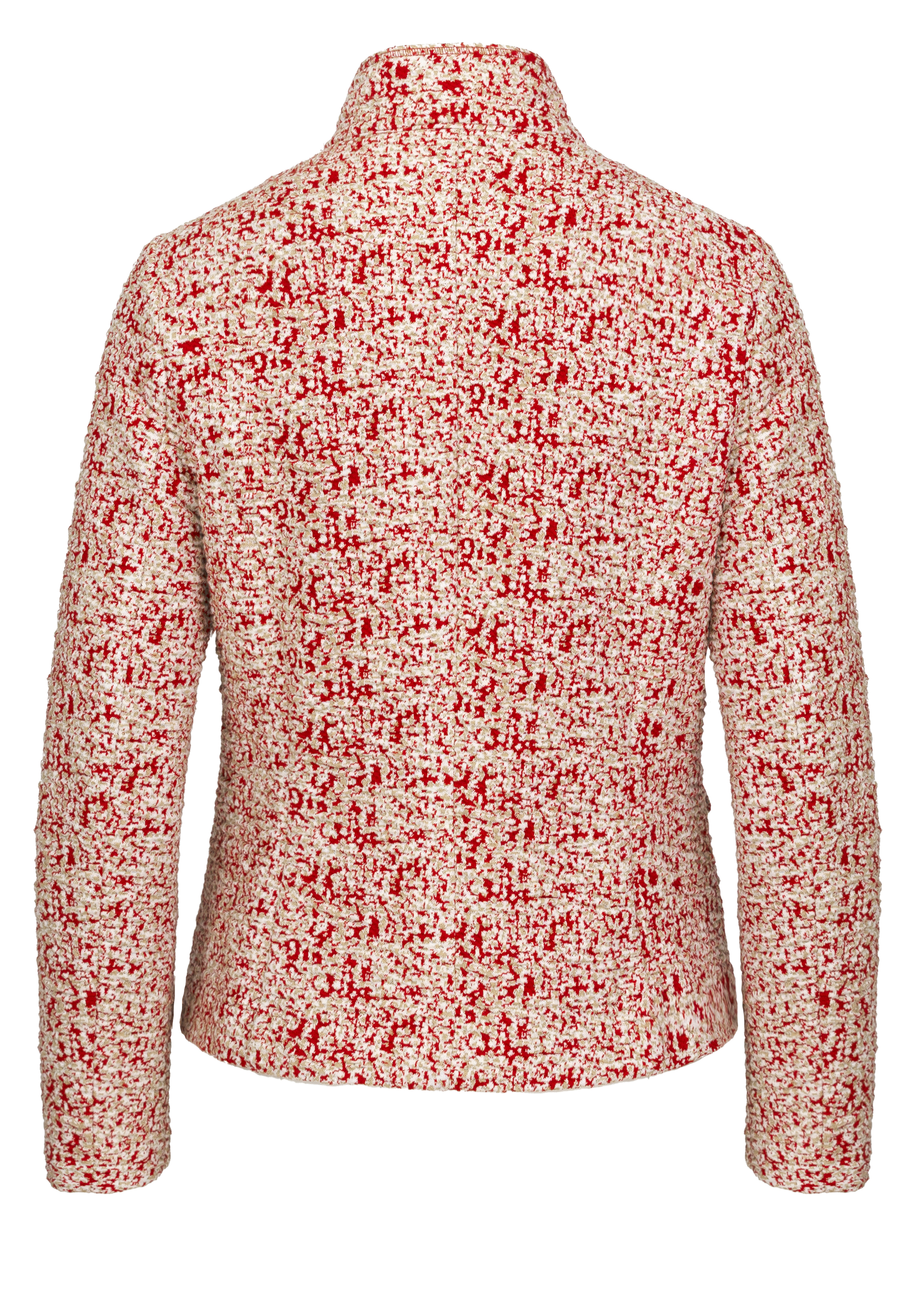 Rückansicht einer langärmeligen, kragenlosen Jacke aus strukturiertem Stoff mit rot-weißem Tweedmuster. Der Saum ist gerade und die Passform wirkt insgesamt maßgeschneidert.