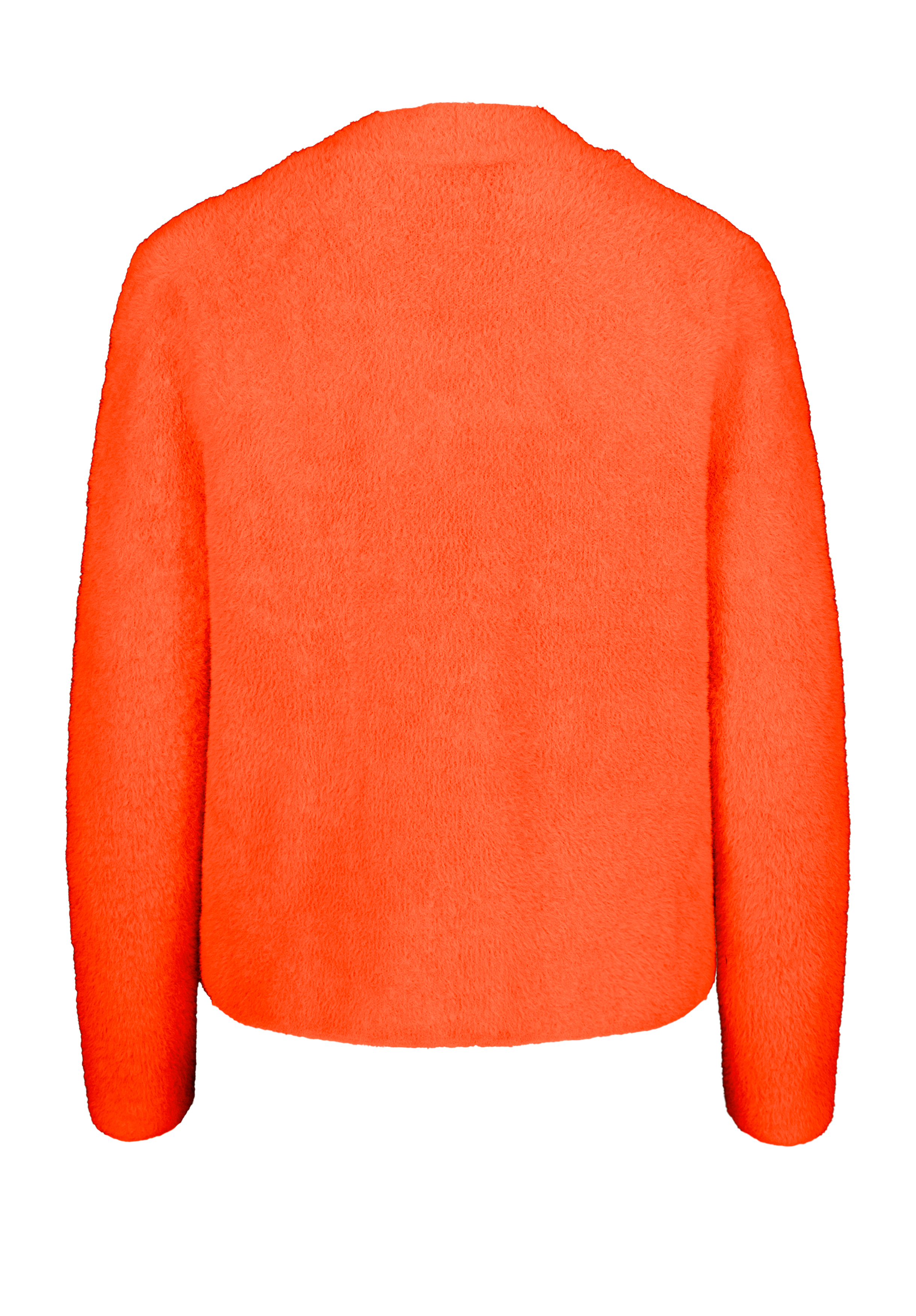 Leuchtend orangefarbene, wuschelige, langärmelige Jacke, von hinten auf weißem Hintergrund. Die Jacke hat einen einfachen, geraden Schnitt ohne sichtbare Verschlüsse oder Verzierungen.