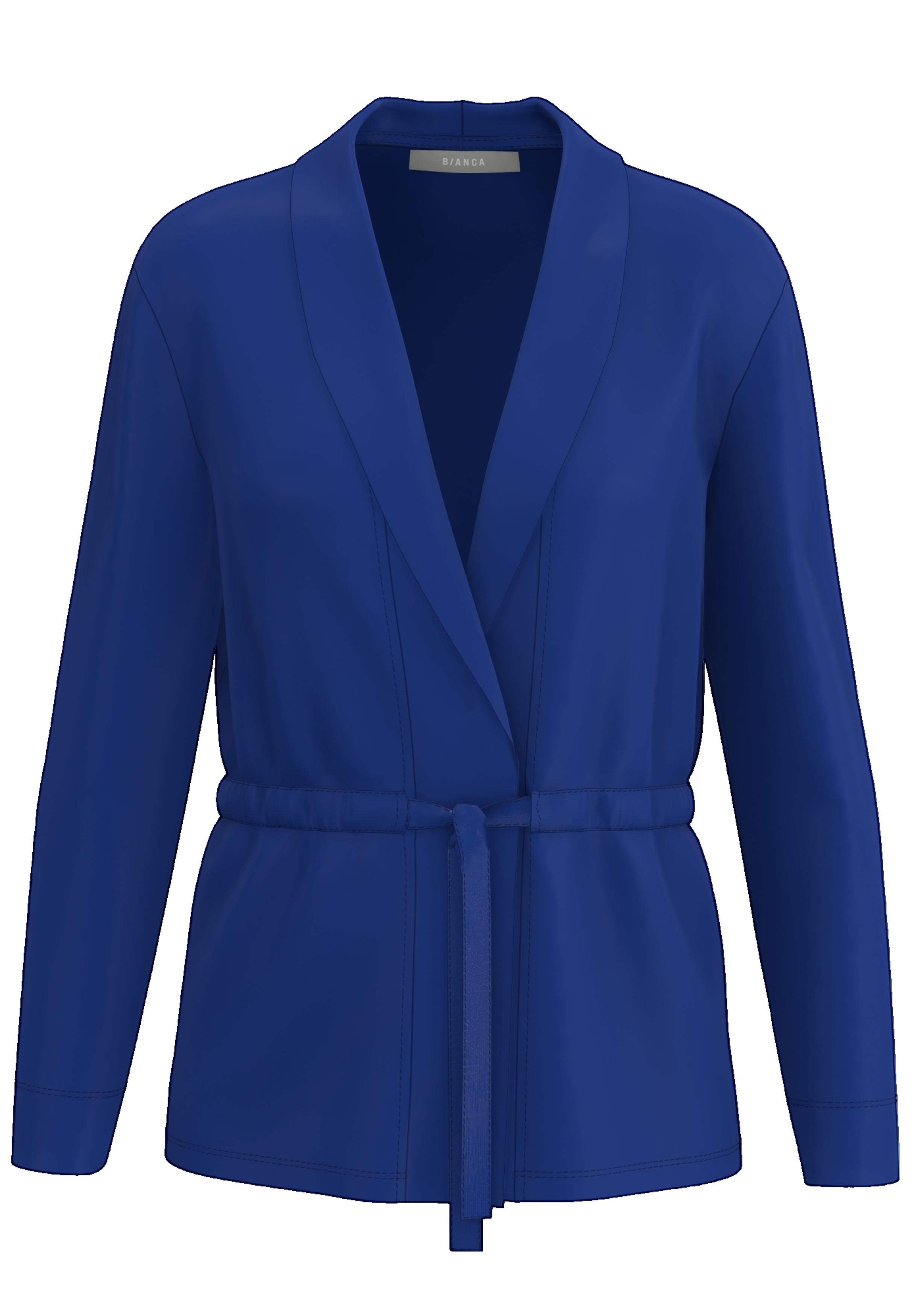 Ein königsblauer Damenblazer mit langen Ärmeln, offener Vorderseite, Schalkragen und einem passenden Stoffgürtel in der Taille, abgebildet vor einem weißen Hintergrund.