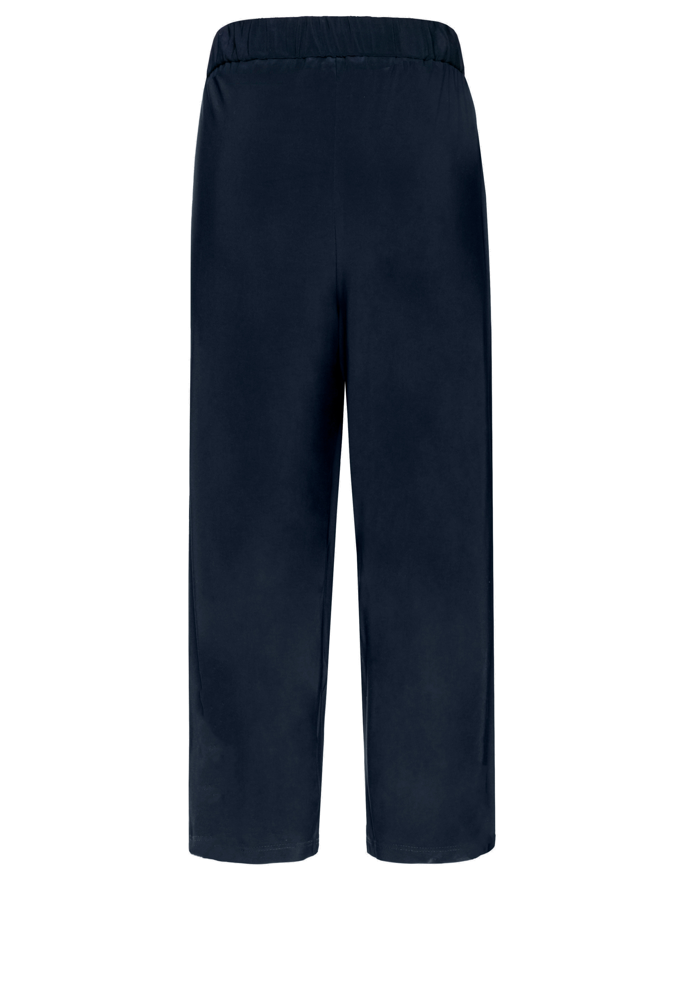 Marineblaue Hose mit weitem Bein und elastischem Bund, von hinten gesehen auf weißem Hintergrund.
