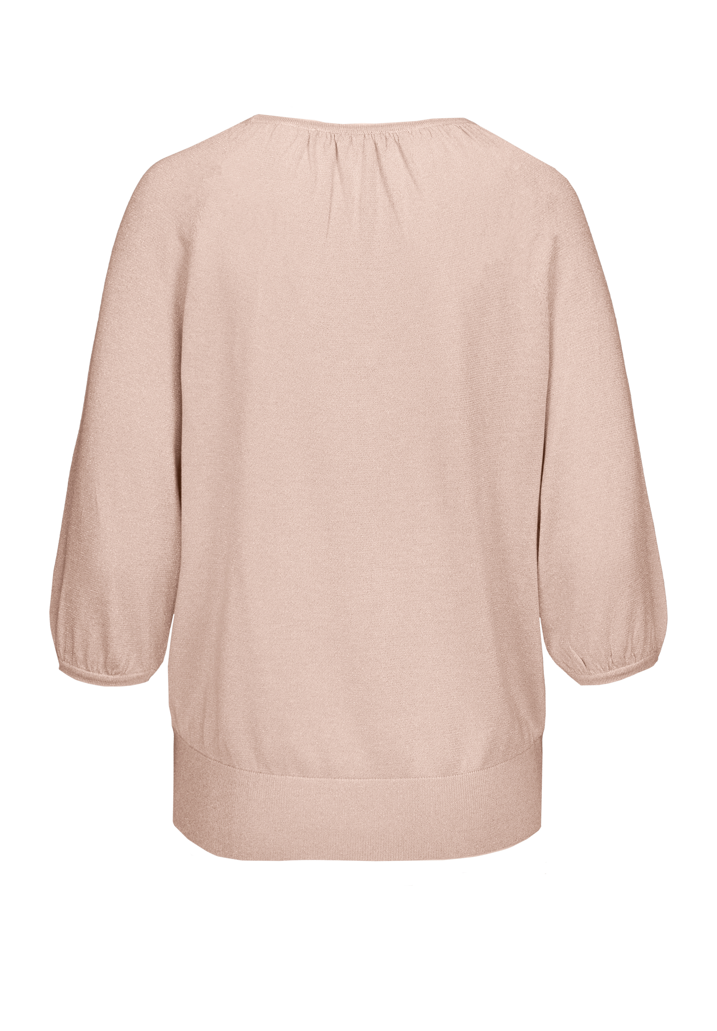 Hellrosa, locker sitzende Bluse mit Dreiviertelärmeln, breitem Bund und leichter Raffung am hinteren Ausschnitt; von hinten auf schlichtem weißem Untergrund abgebildet.