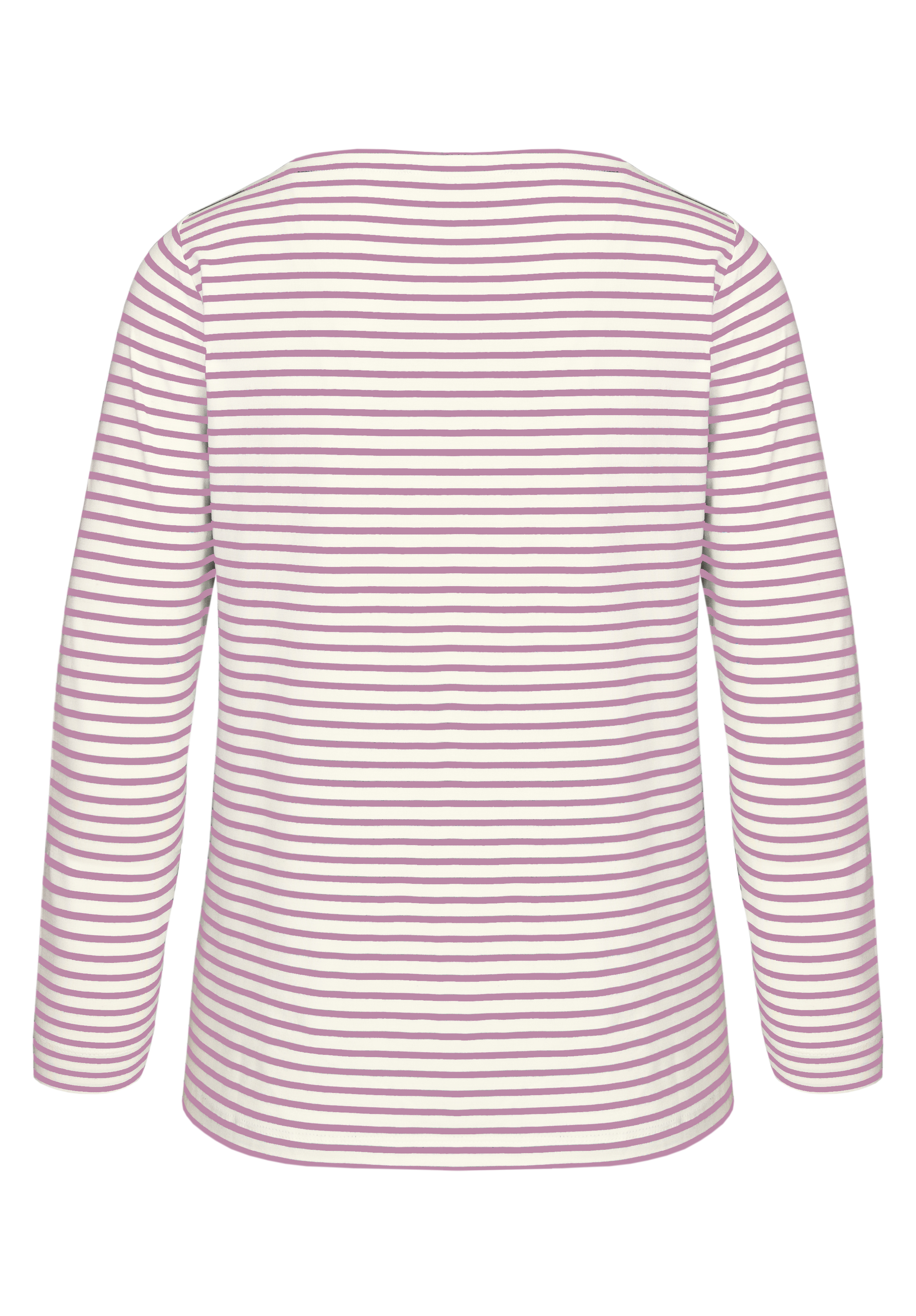 Ein langärmeliges Hemd mit dünnen horizontalen rosa und weißen Streifen, von hinten vor weißem Hintergrund.