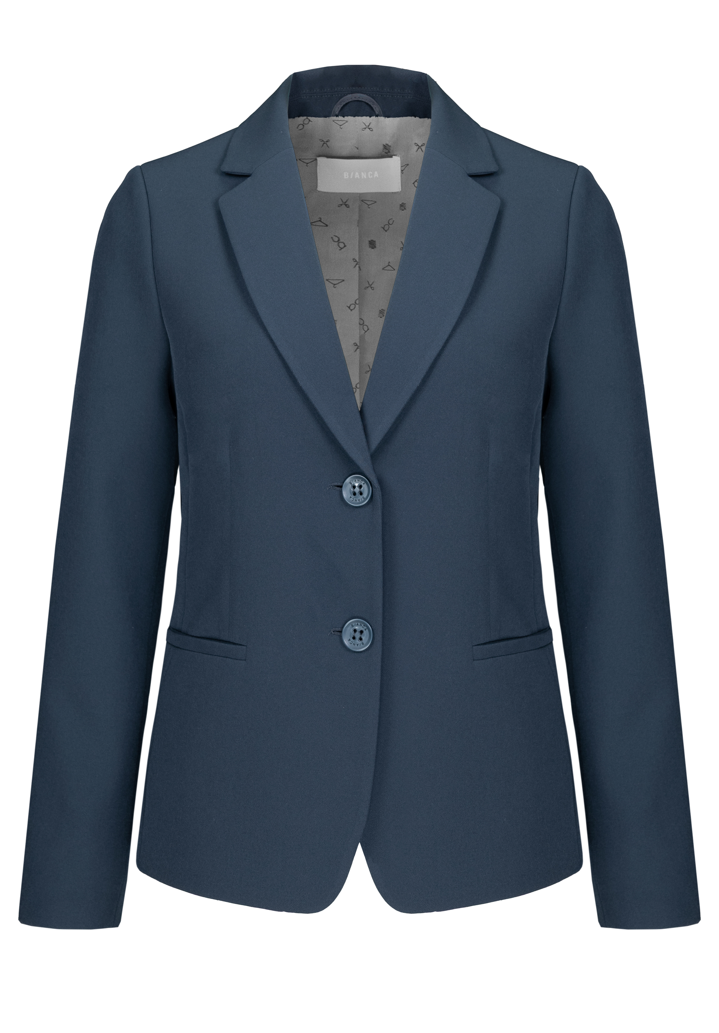 Ein marineblauer, einreihiger Damenblazer mit zwei Knöpfen, gekerbtem Revers und zwei Vordertaschen, abgebildet vor einem schlichten weißen Hintergrund. Der Blazer hat ein helles Innenfutter mit dezentem Muster.