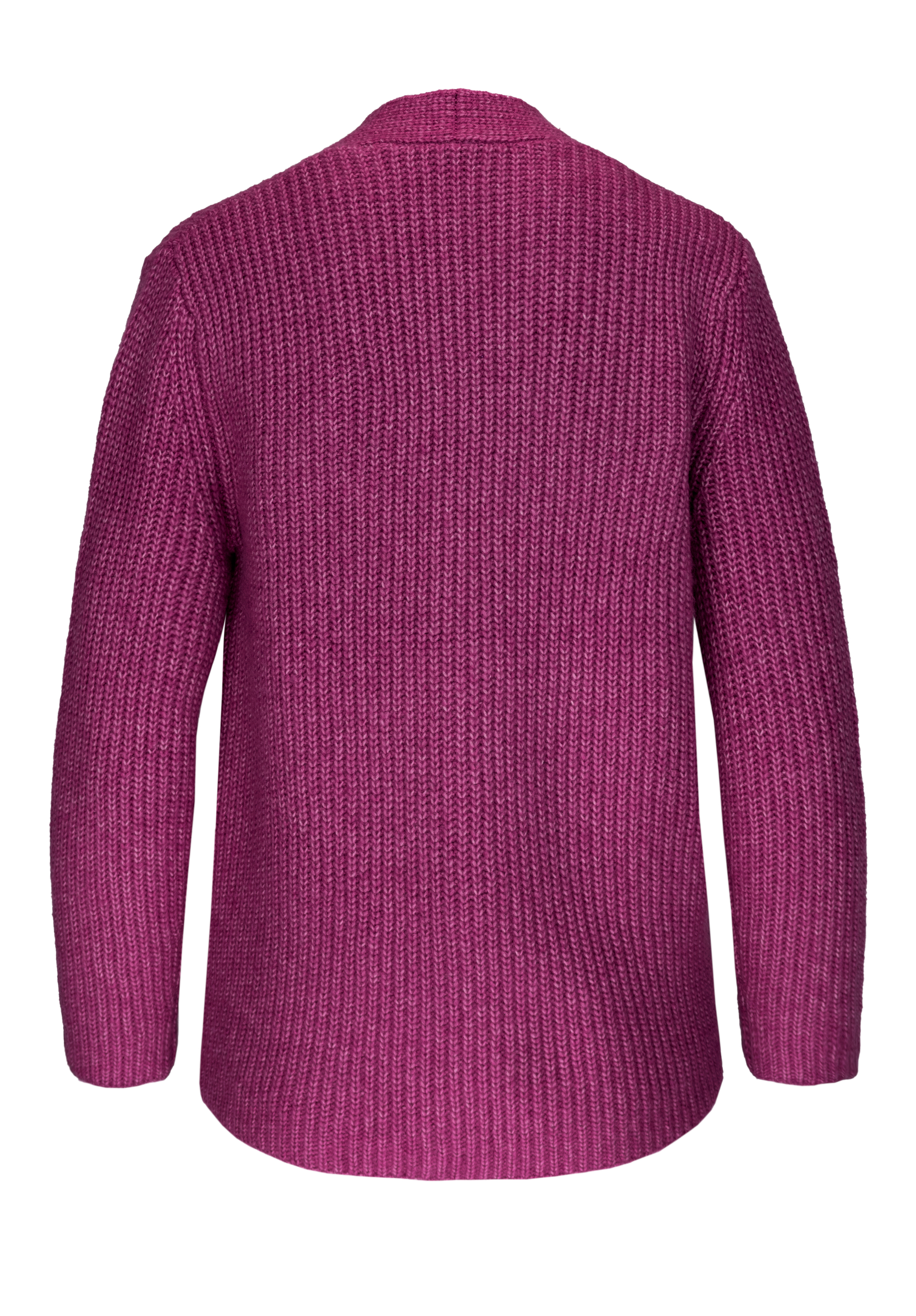 Rückansicht eines langärmeligen, strukturierten magentafarbenen Strickpullovers vor weißem Hintergrund.