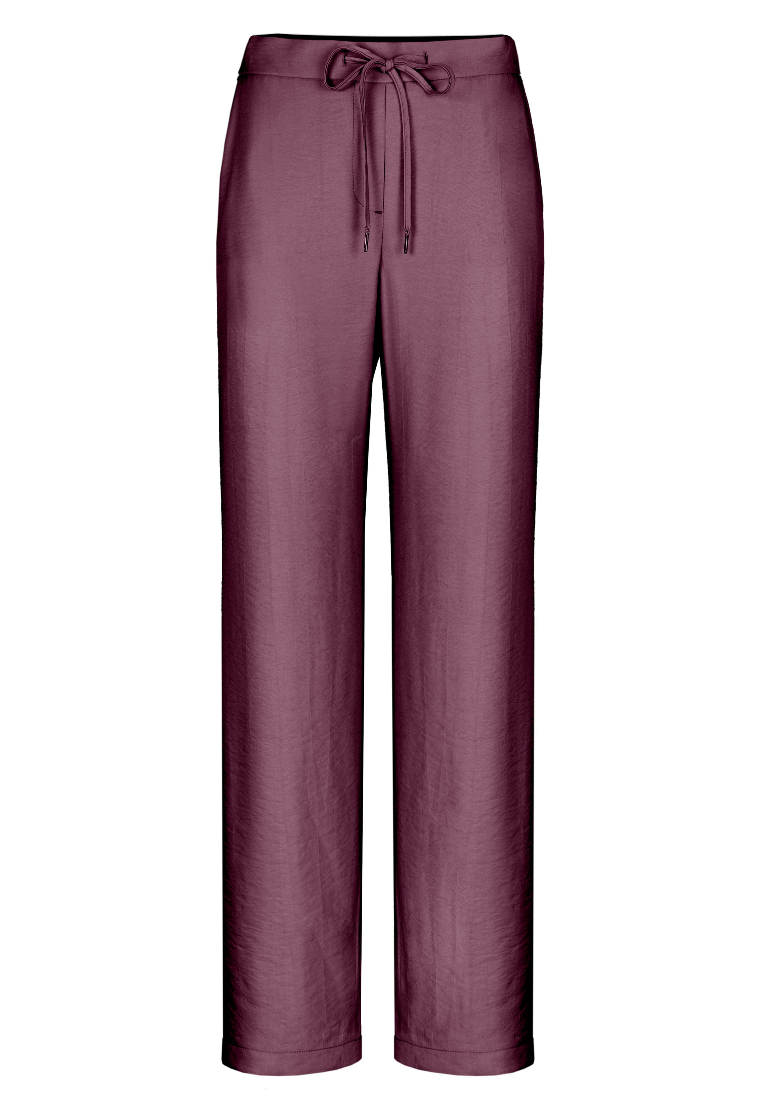 Kastanienbraune Hose mit geradem Bein, hoher Taille und Kordelzug in der Taille, aus einem glatten, leicht glänzenden Stoff.