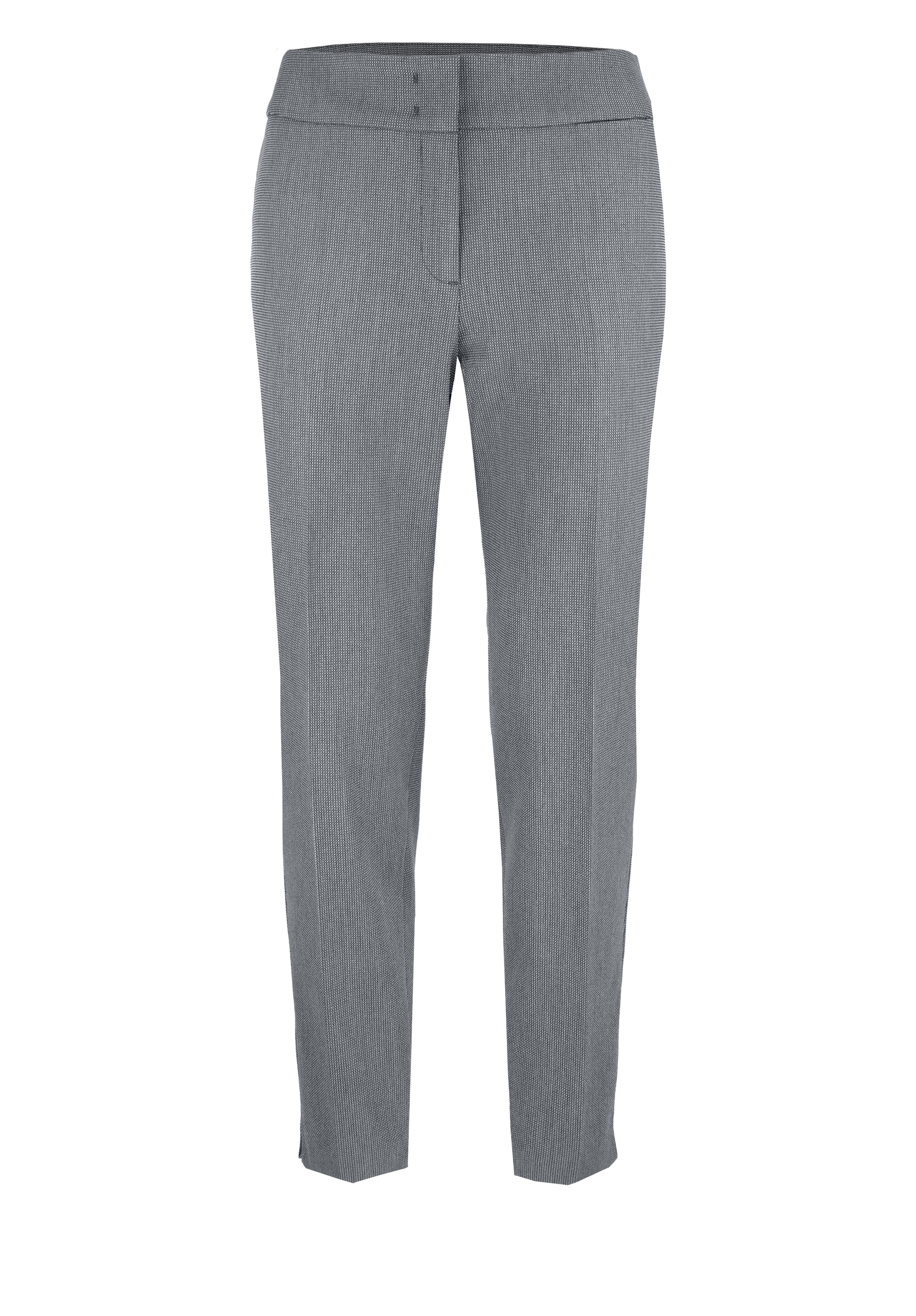 Graue maßgeschneiderte Anzughose mit geradem Bein, Bügelfalte und Bund; die Hose ist vor einem weißen Hintergrund fotografiert.