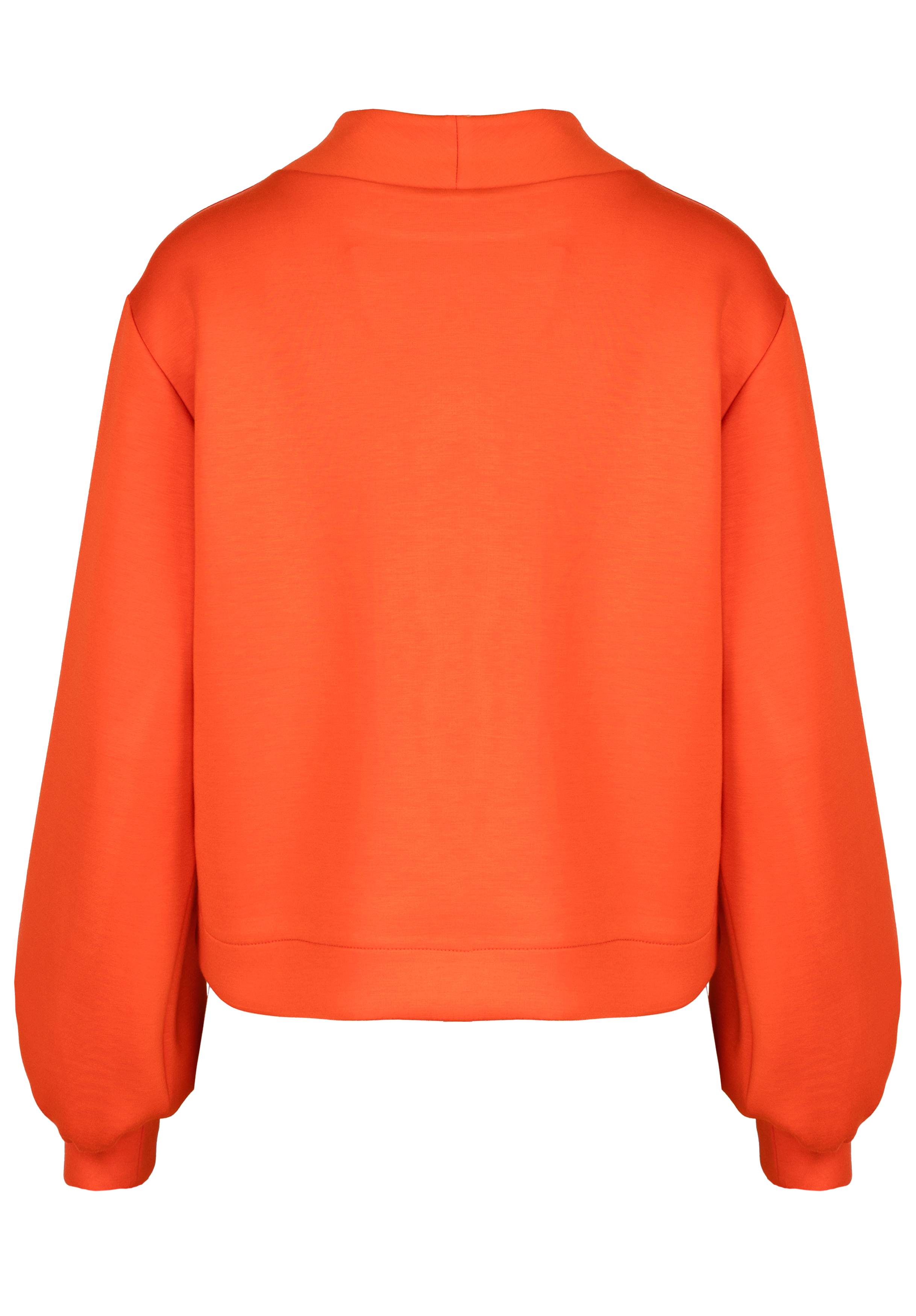 Leuchtend orangefarbenes, langärmeliges Sweatshirt, von hinten gesehen, mit lockerer Passform, überschnittenen Schultern und Rippbündchen. Der Stoff wirkt glatt und leicht strukturiert.