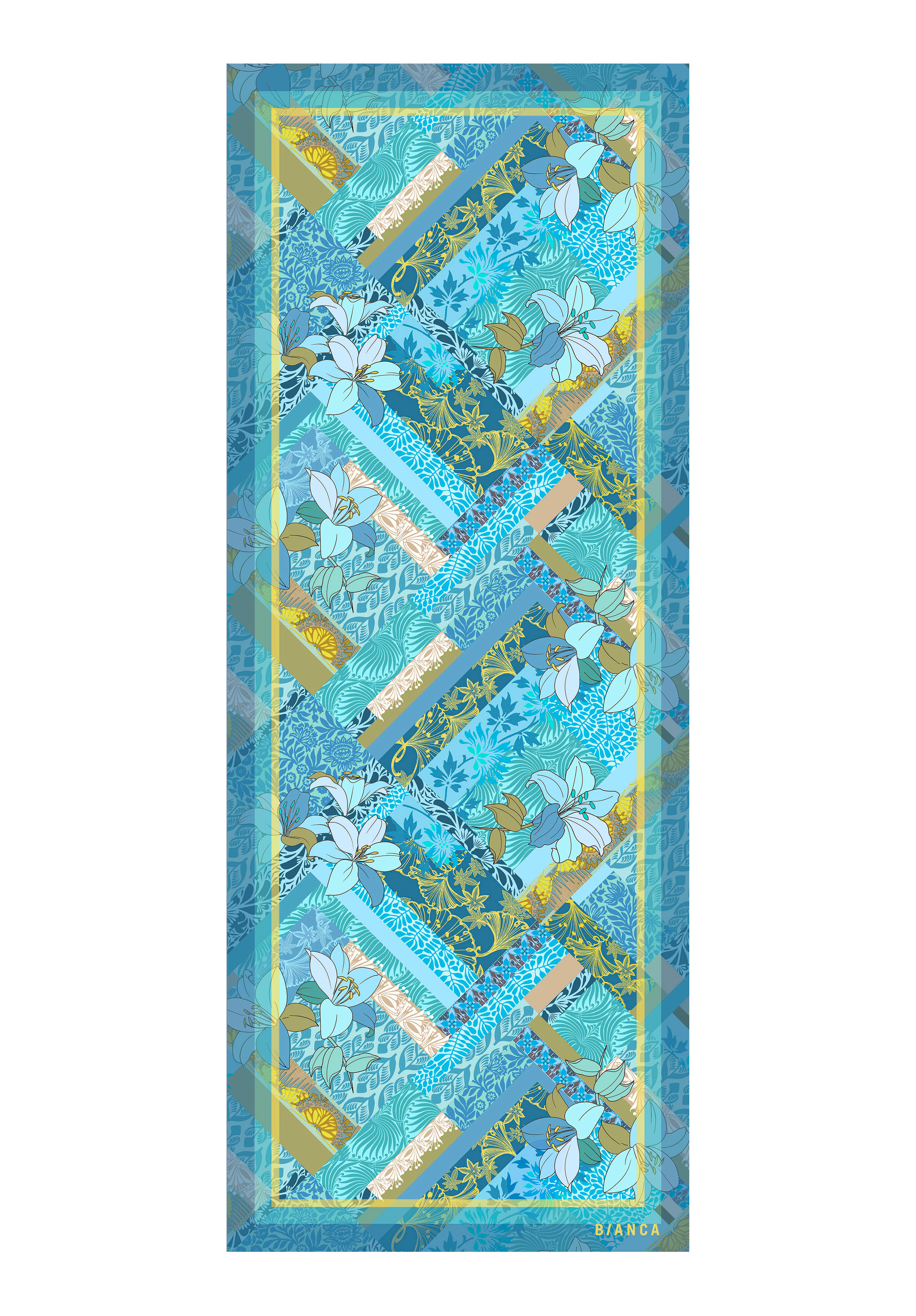 Ein rechteckiger Schal mit einem komplizierten Blumen- und Blattmuster in Blau-, Teal- und Goldtönen, mit diagonalen Streifen und verschiedenen botanischen Mustern, die von einer dekorativen Bordüre umrahmt sind.