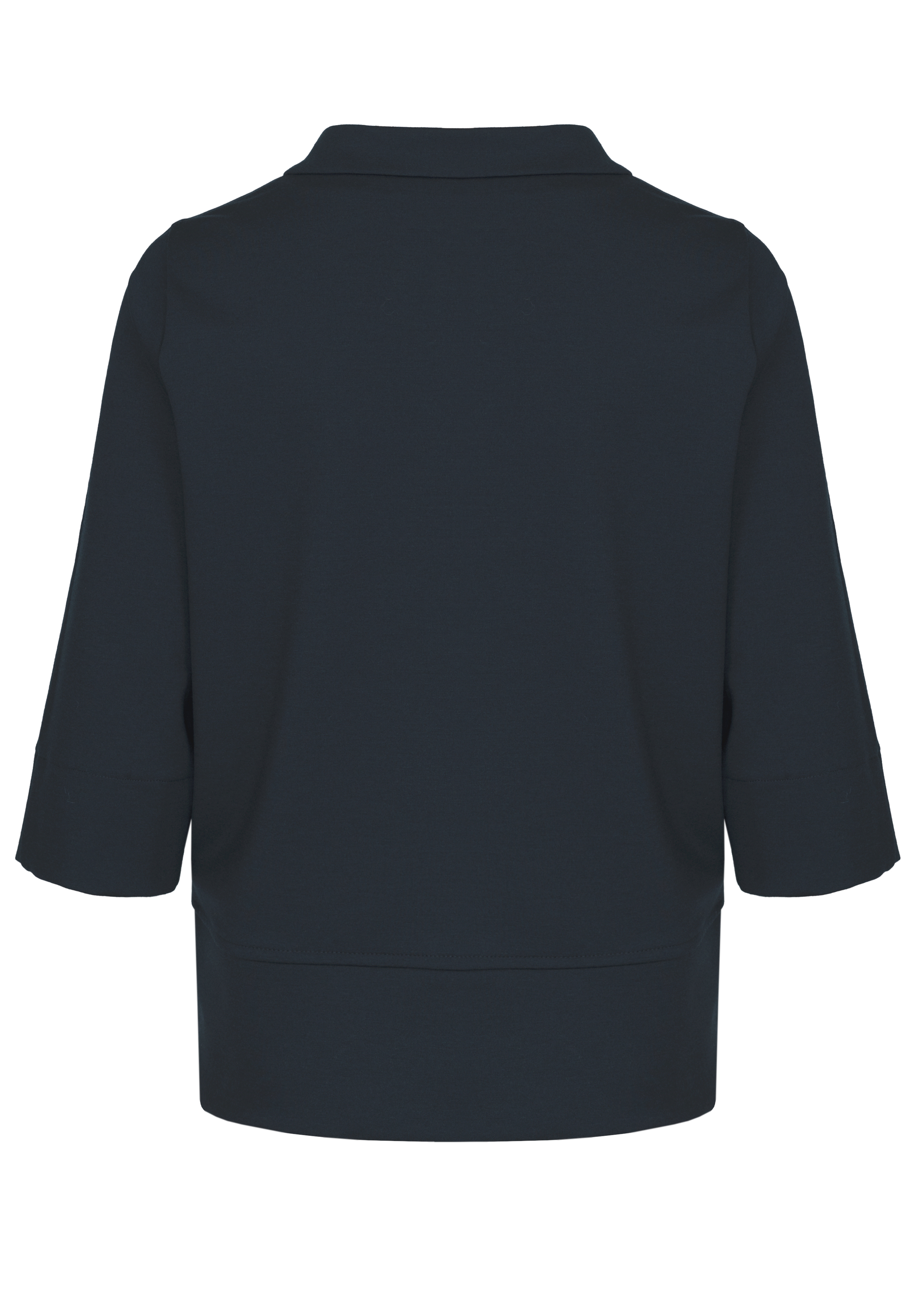 Rückansicht eines dunkelblauen, kurzärmeligen Oberteils mit Kragen, geradem Saum und lockerer Passform.