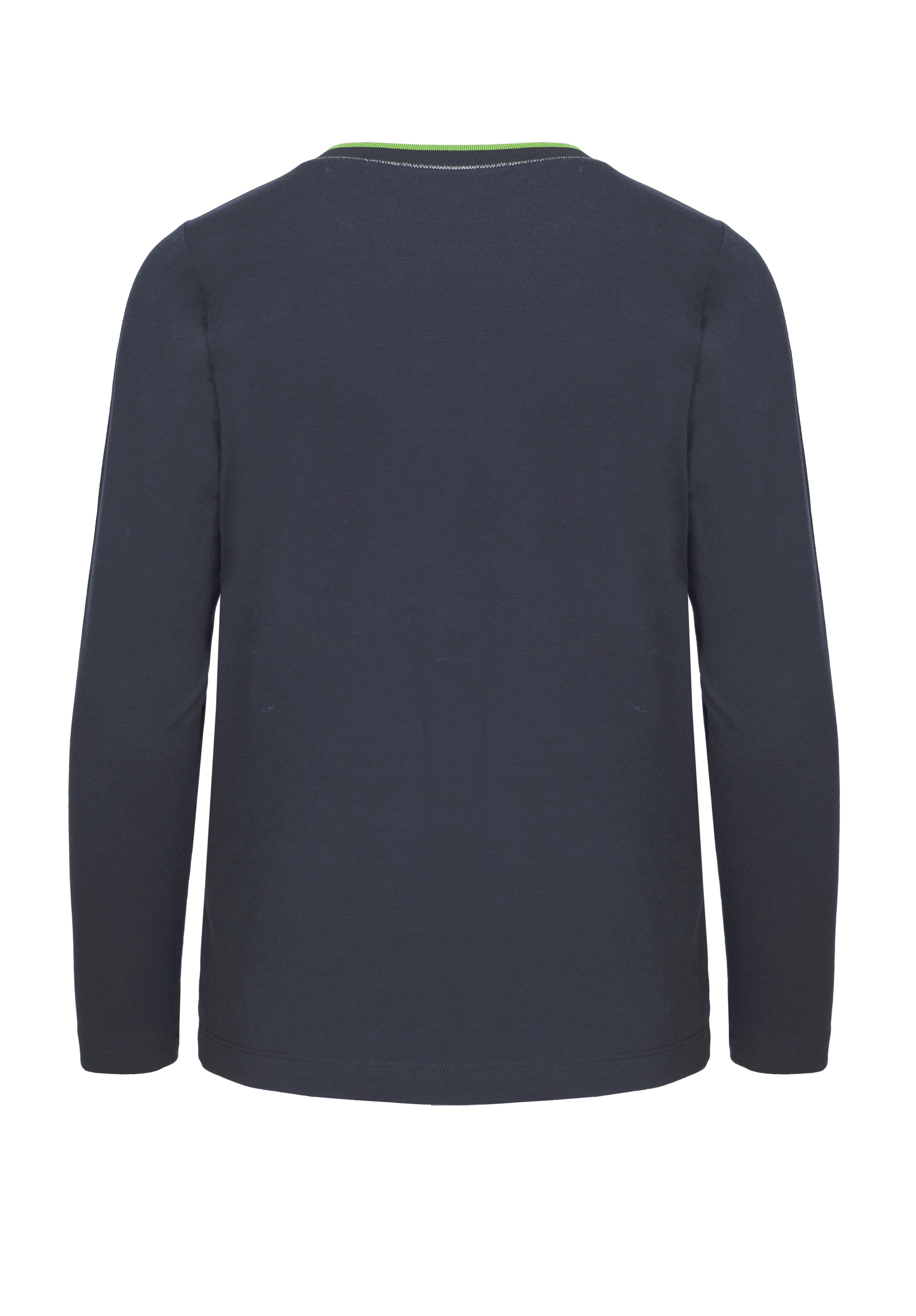 Auf weißem Hintergrund ist ein schlichtes, langärmeliges, marineblaues Hemd von hinten abgebildet.