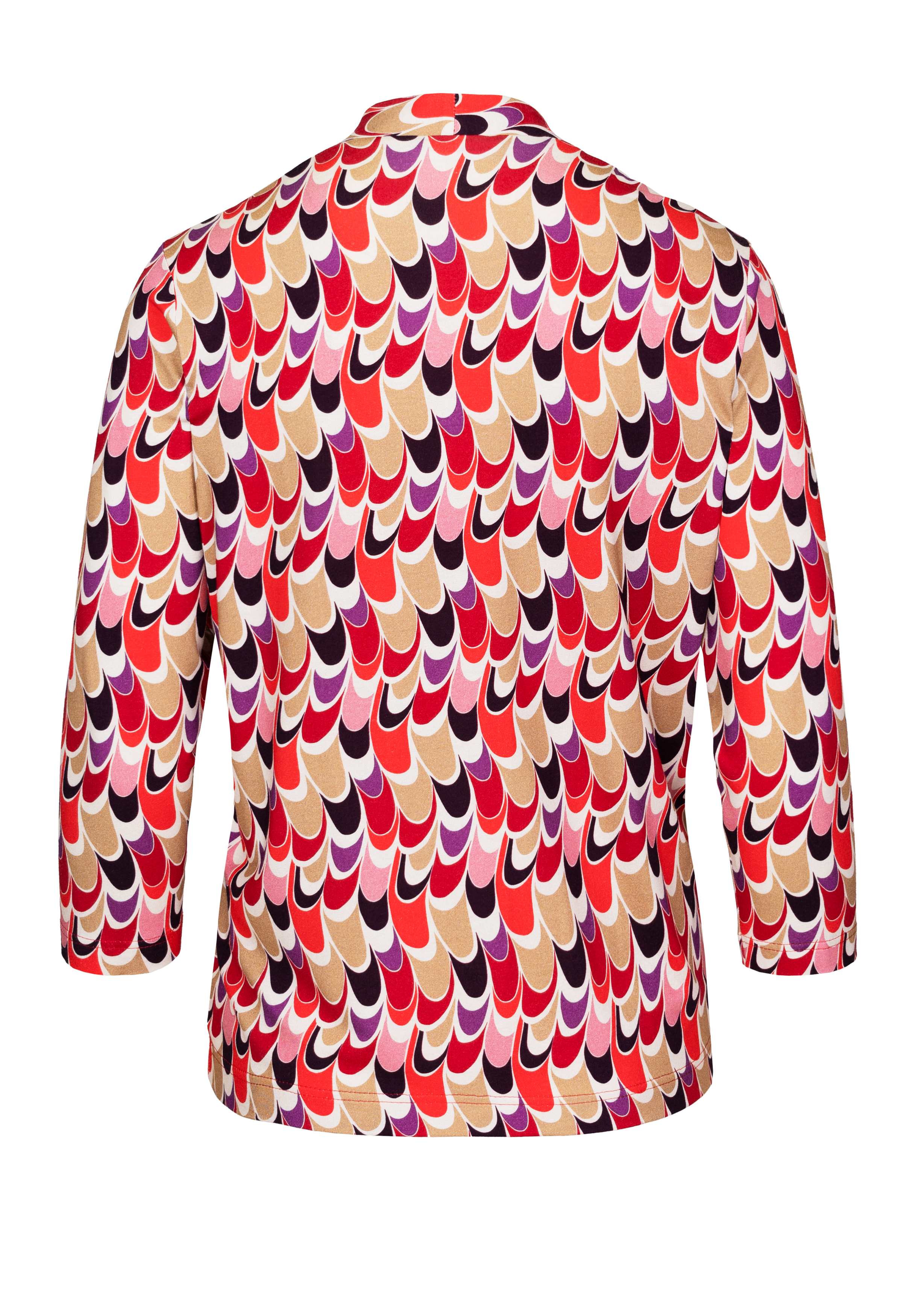 Ein Langarmshirt mit einem lebendigen, retro-inspirierten Muster aus überlappenden, geschwungenen Formen in Rot-, Lila-, Schwarz-, Beige- und Rosatönen, von hinten gezeigt.