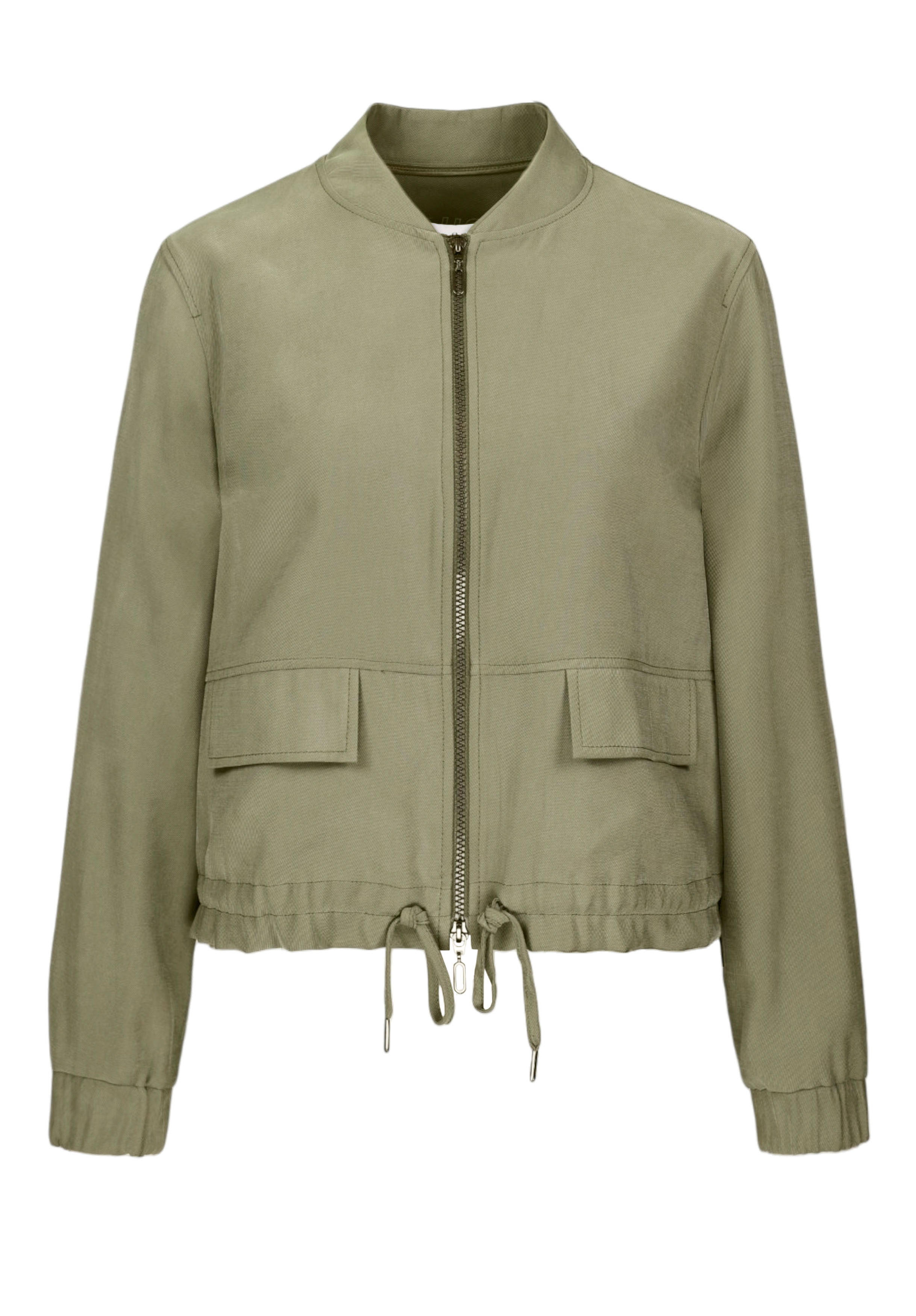 Hellolivgrüne Reißverschlussjacke mit Rundhalsausschnitt, langen Ärmeln, zwei Pattentaschen vorne und verstellbarem Kordelzug am Saum. Das Material wirkt leicht und eignet sich für die Freizeit.