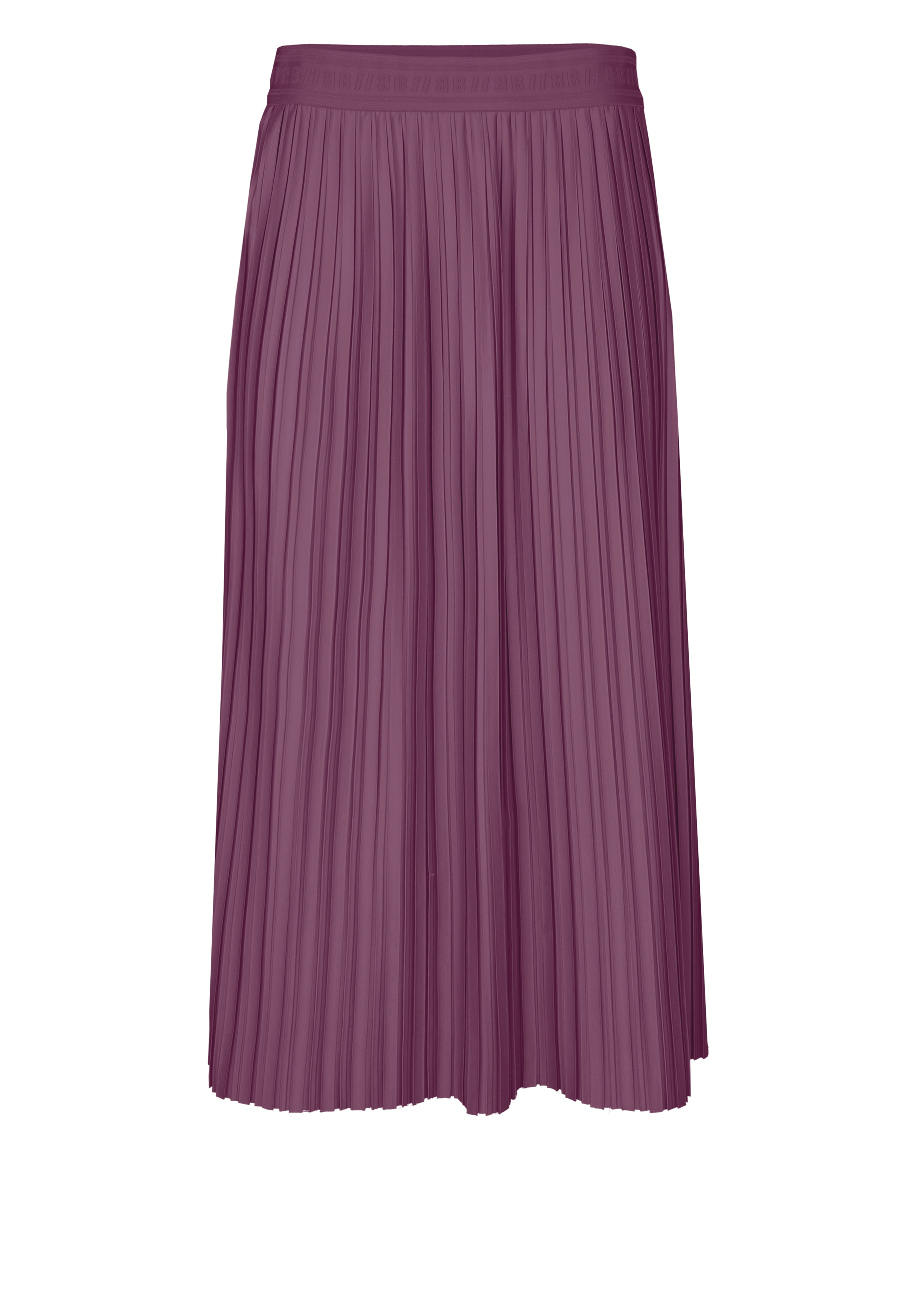 Ein mittellanger, hochtaillierter Faltenrock in staubigem Mauve auf weißem Grund.