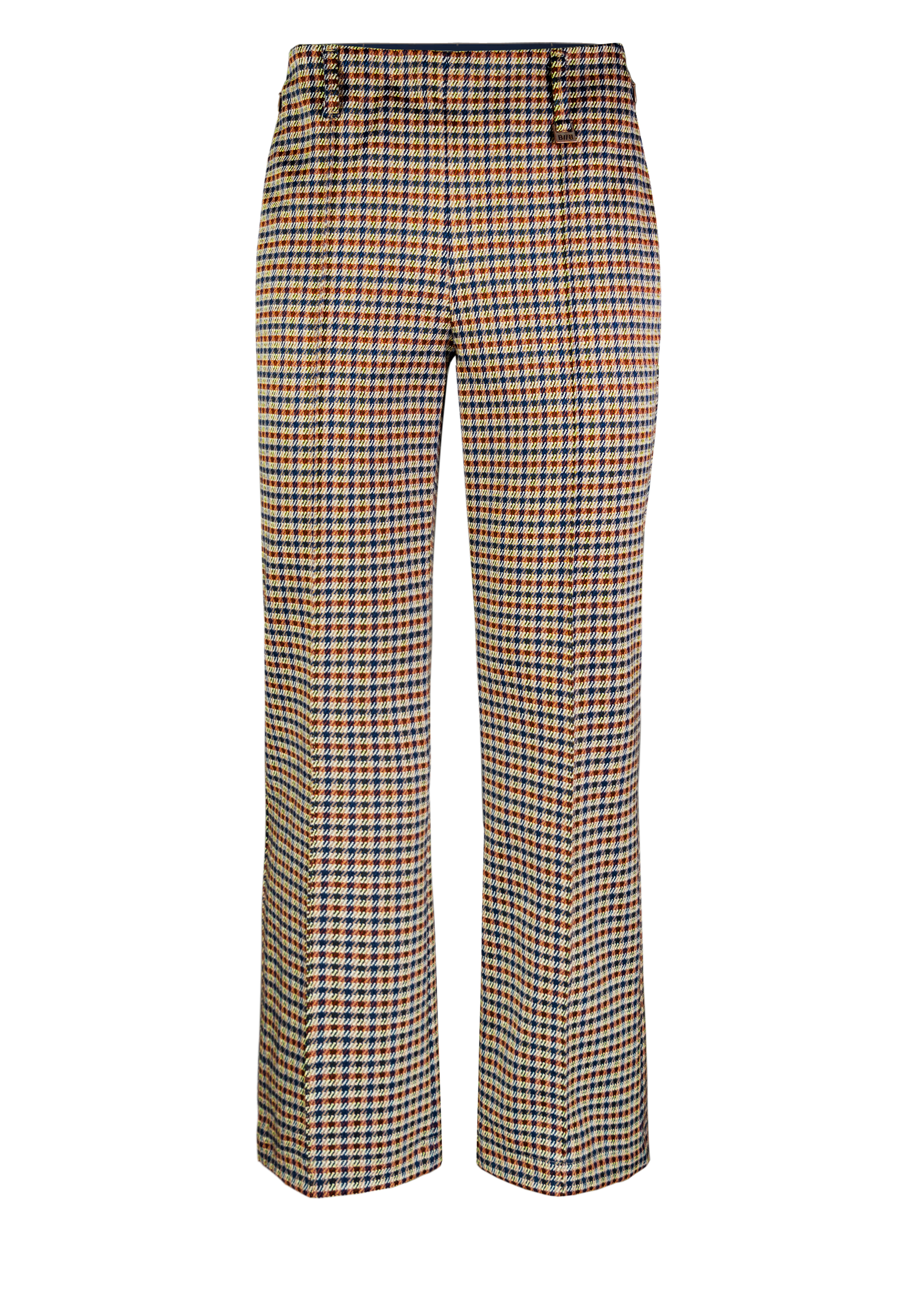 Eine Hose mit geradem Bein und einem mehrfarbigen Hahnentrittmuster in Blau-, Braun- und Gelbtönen auf weißem Grund.