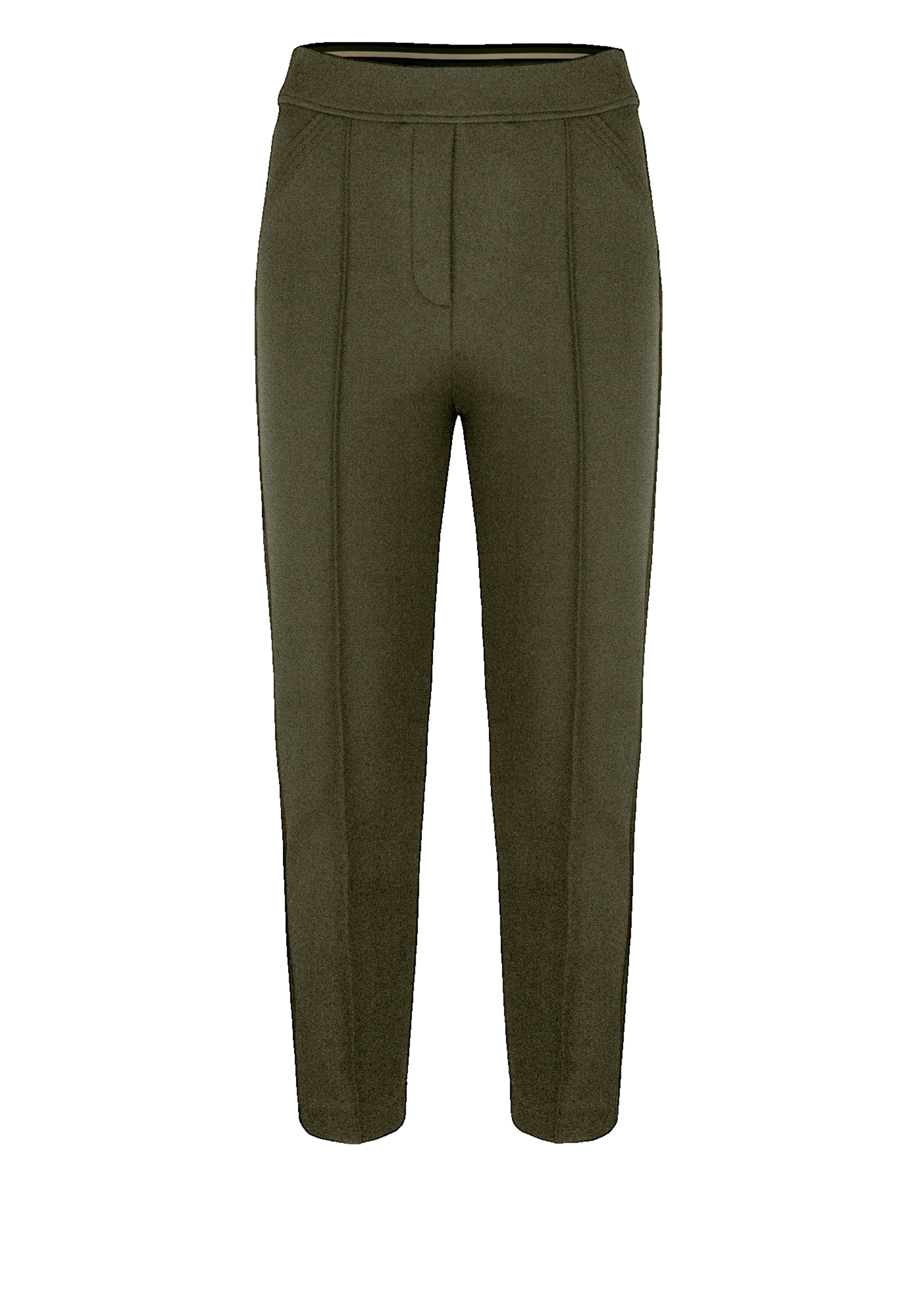 Olivgrüne, schmal zulaufende Hose mit hoher Taille, Nahtdetails vorne und schlichtem, maßgeschneidertem Finish. Die Hose hat eine verkürzte Länge und keine sichtbaren Taschen oder Verzierungen.