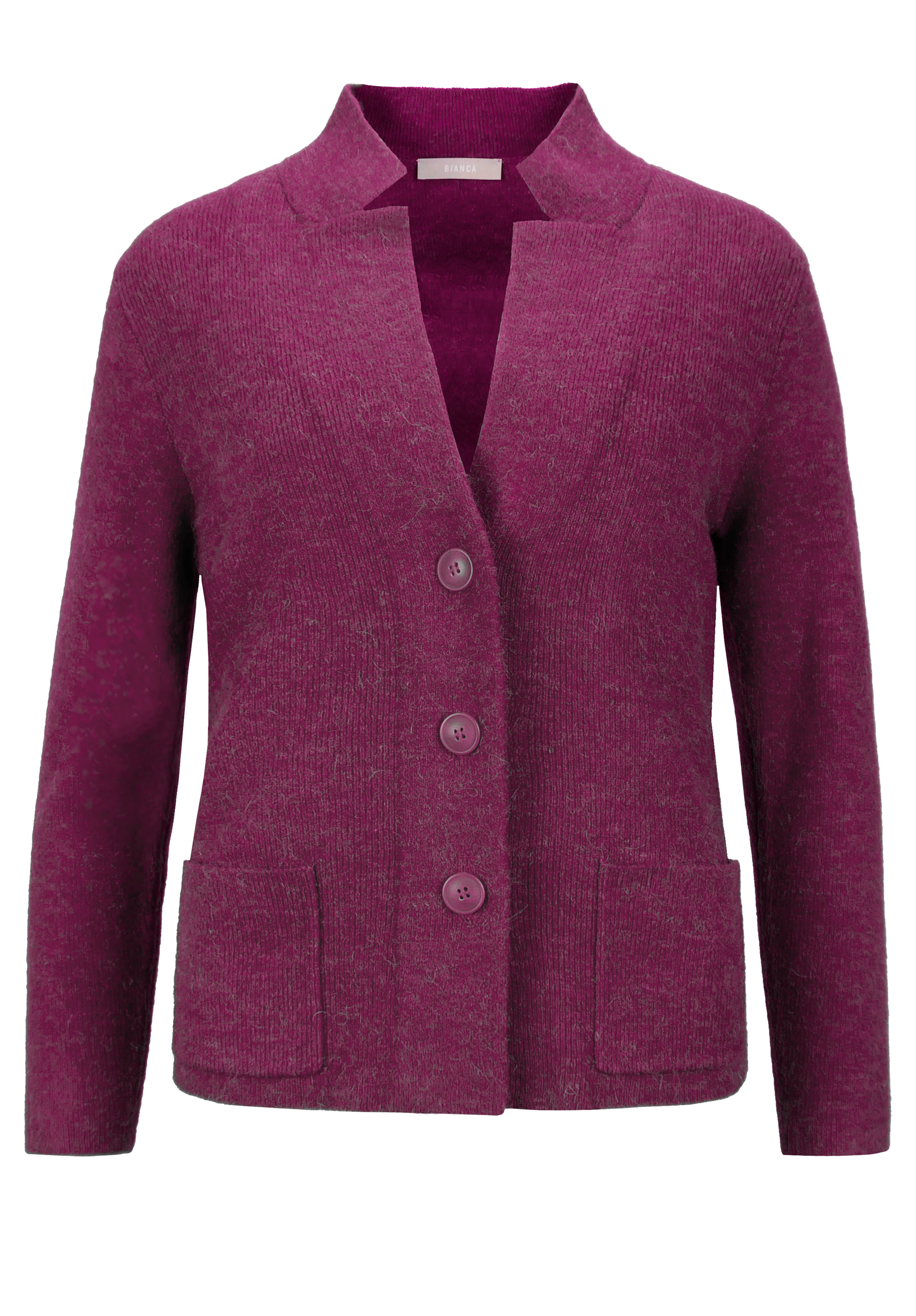 Strickjacke KOSMOS Eine langärmlige, dunkelviolette Strickjacke mit drei Knöpfen vorne, zwei Vordertaschen und einem strukturierten Strickstoff.