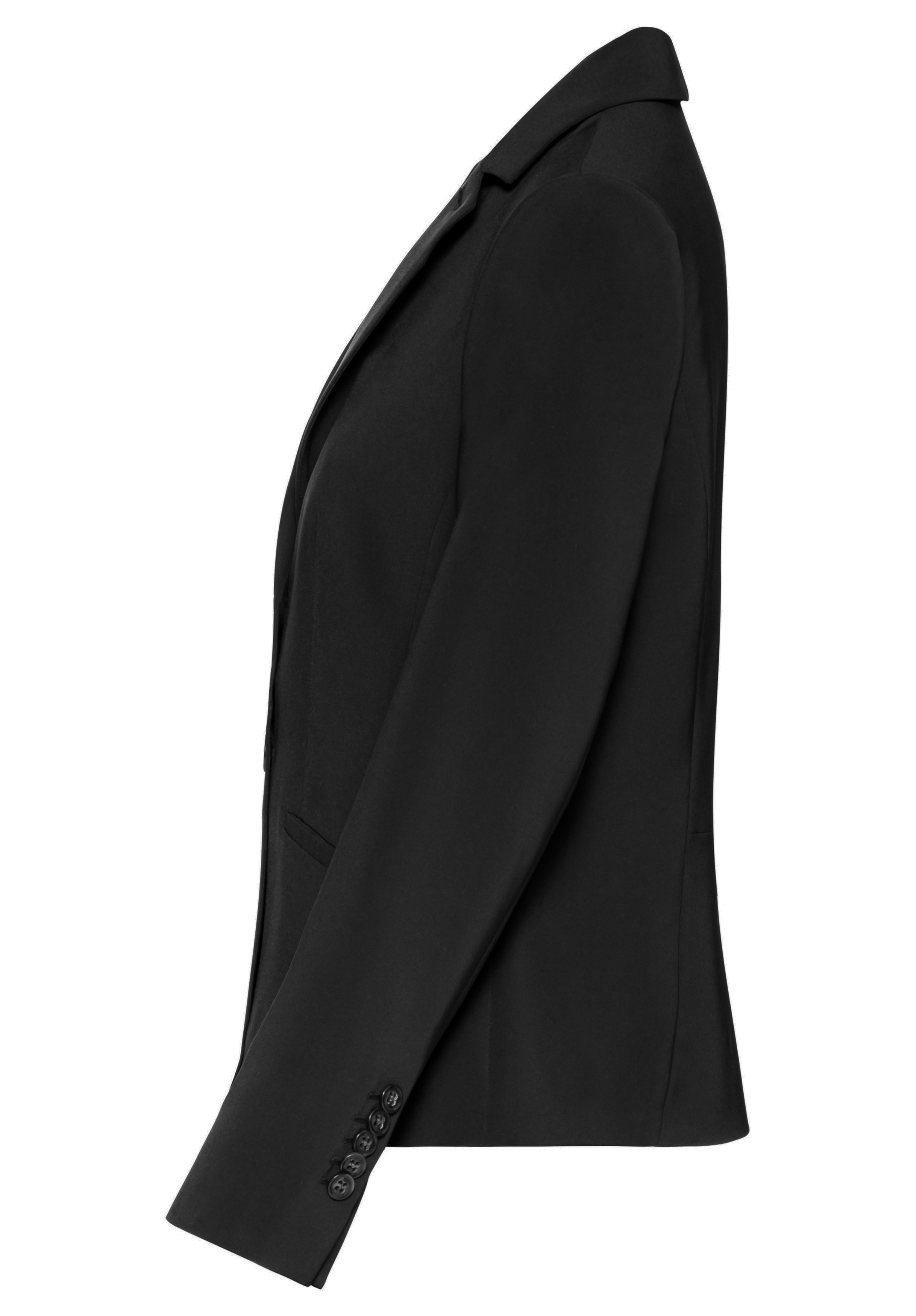 Eine schwarze Blazerjacke von der Seite auf weißem Hintergrund mit Revers, zwei Vordertaschen und drei Knöpfen an der Ärmelmanschette.