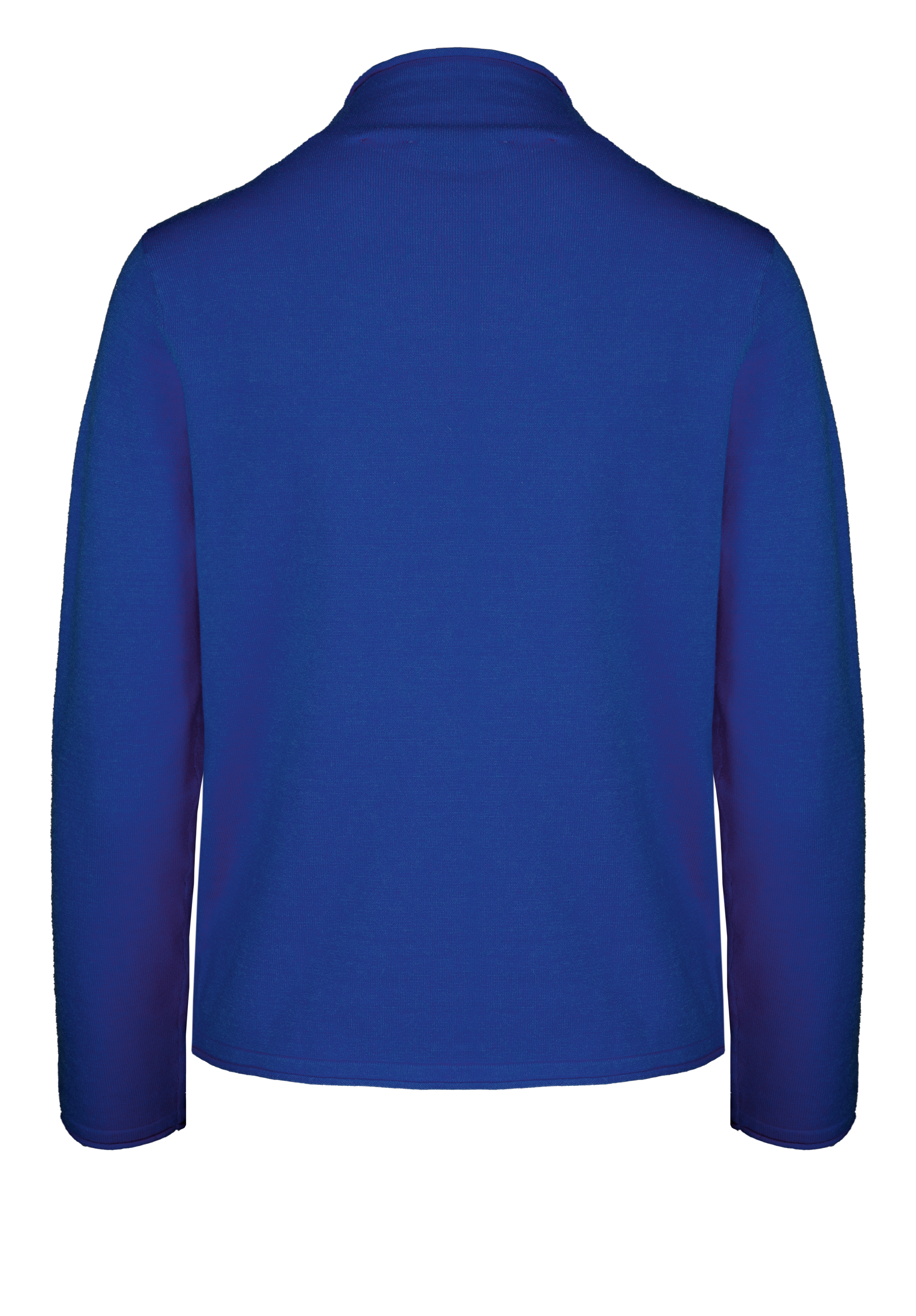 Rückenansicht einer langärmeligen, königsblauen Fleecejacke mit hohem Kragen auf weißem Hintergrund.