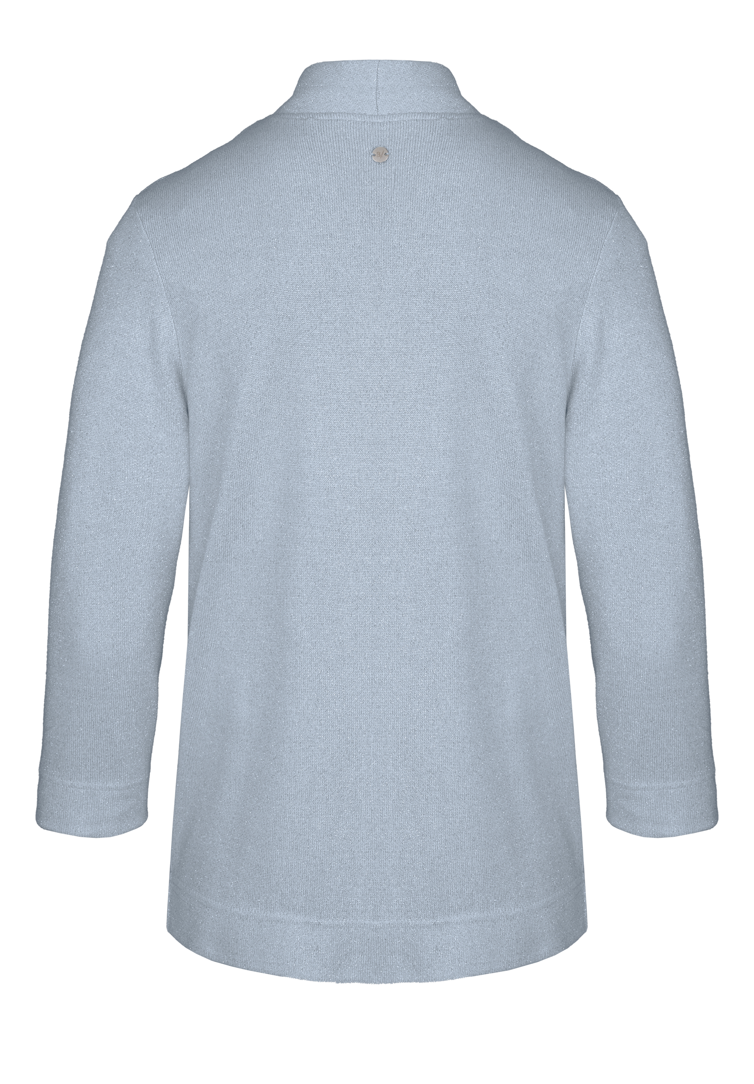 Hellblauer Langarmpullover von hinten, mit hohem Kragen und minimalistischen Details. Der Stoff wirkt weich und das Design ist schlicht und klassisch.