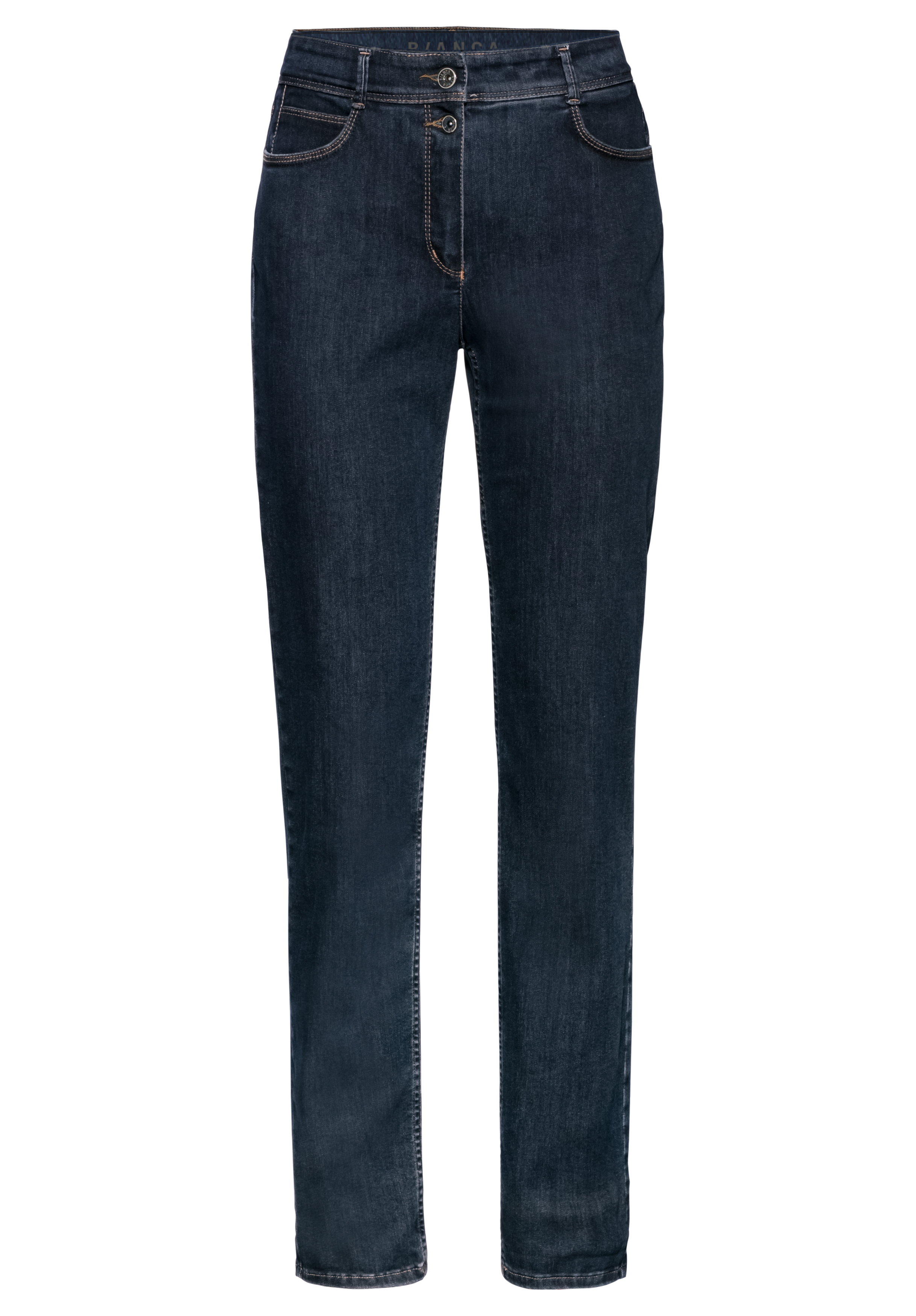 Dunkelblaue Jeans mit geradem Bein, Vordertaschen, zwei sichtbaren Knöpfen und Kontrastnähten. Die Jeans wird vor einem schlichten weißen Hintergrund präsentiert.