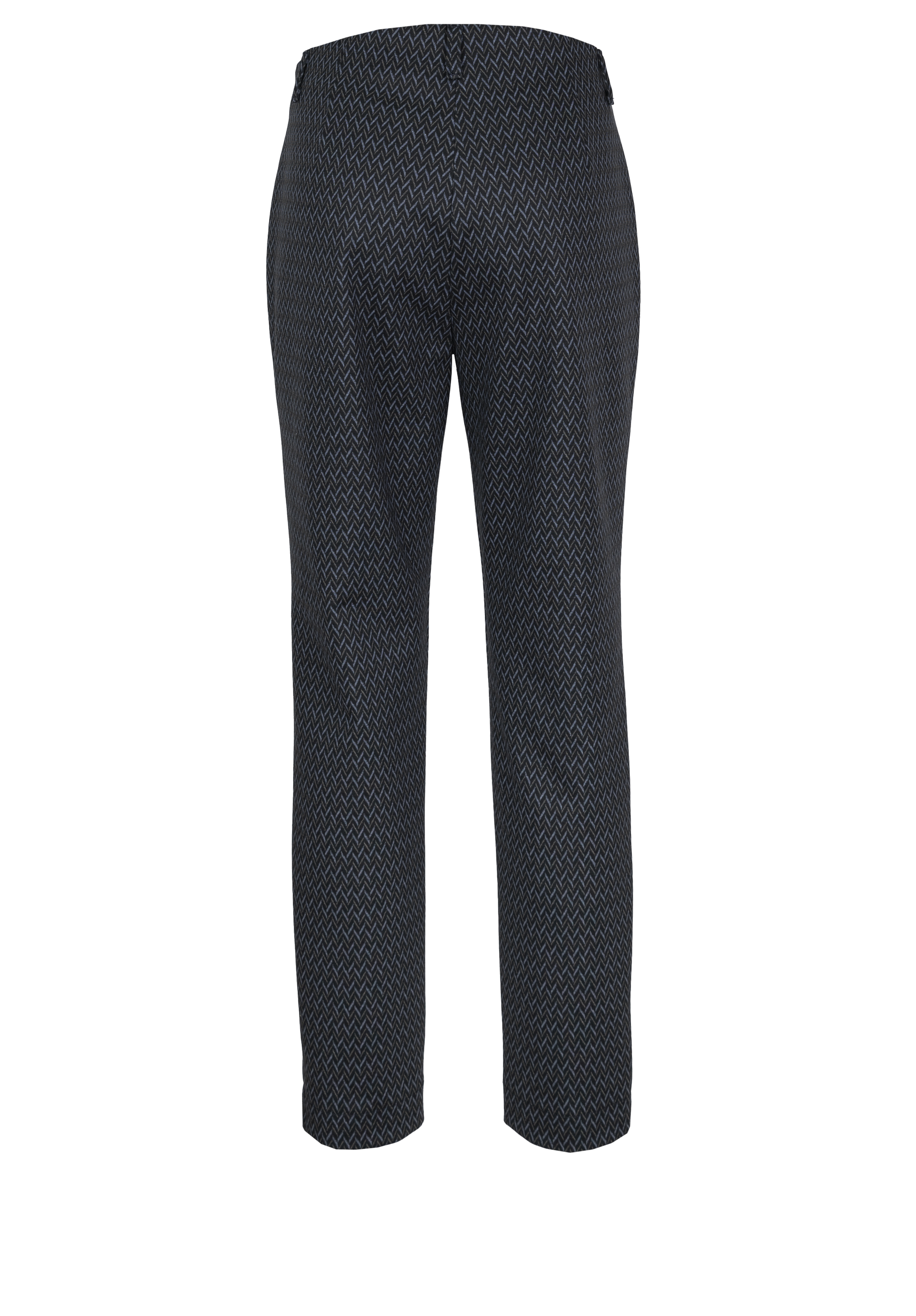 Rückansicht einer dunkelfarbigen Hose mit geradem Bein und einem dezenten kleinen geometrischen Muster.