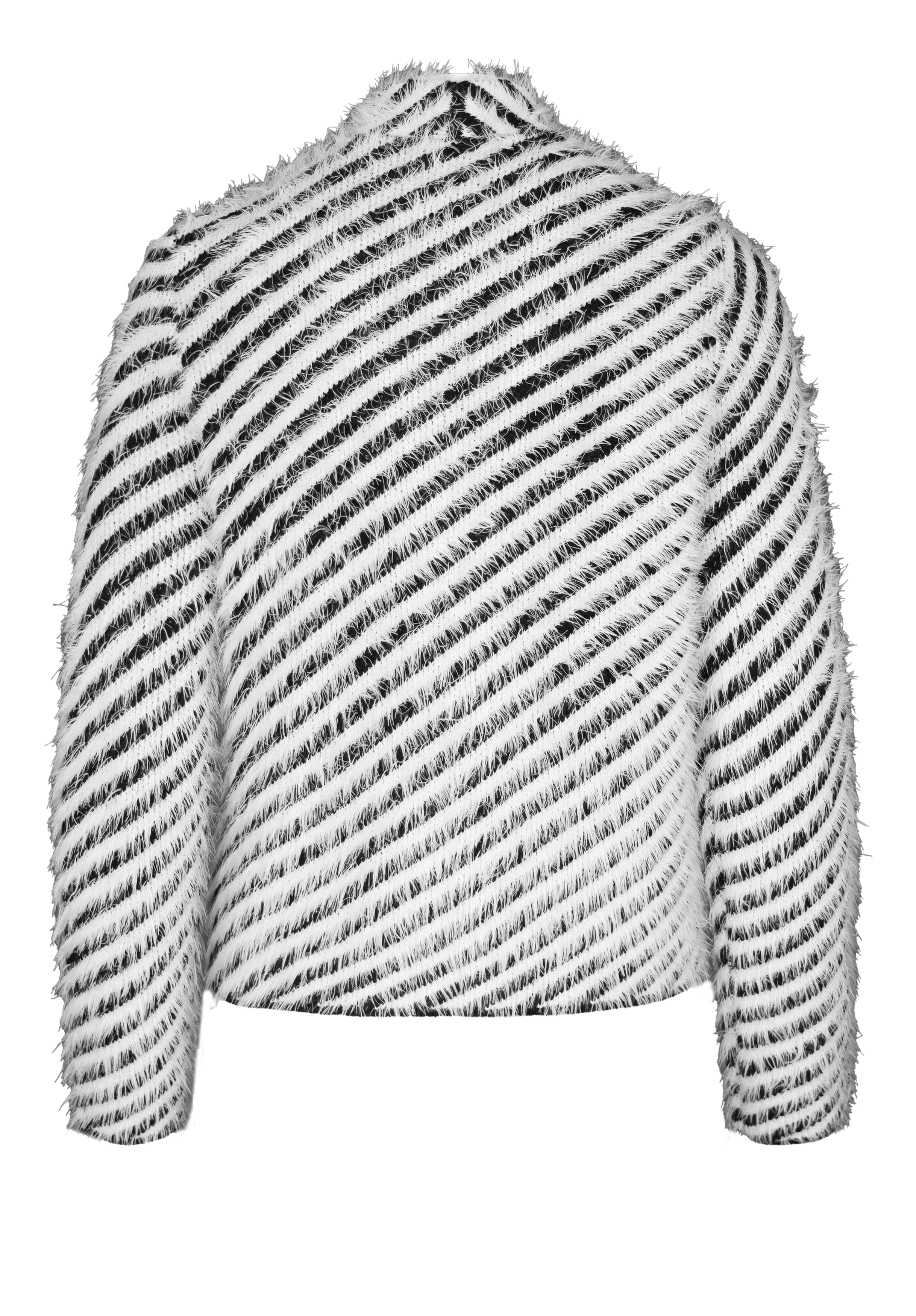 Rückansicht einer flauschigen, schwarz-weiß gestreiften Jacke mit langen Ärmeln. Die Streifen verlaufen diagonal und bilden ein strukturiertes, markantes Zickzackmuster auf dem Stoff.