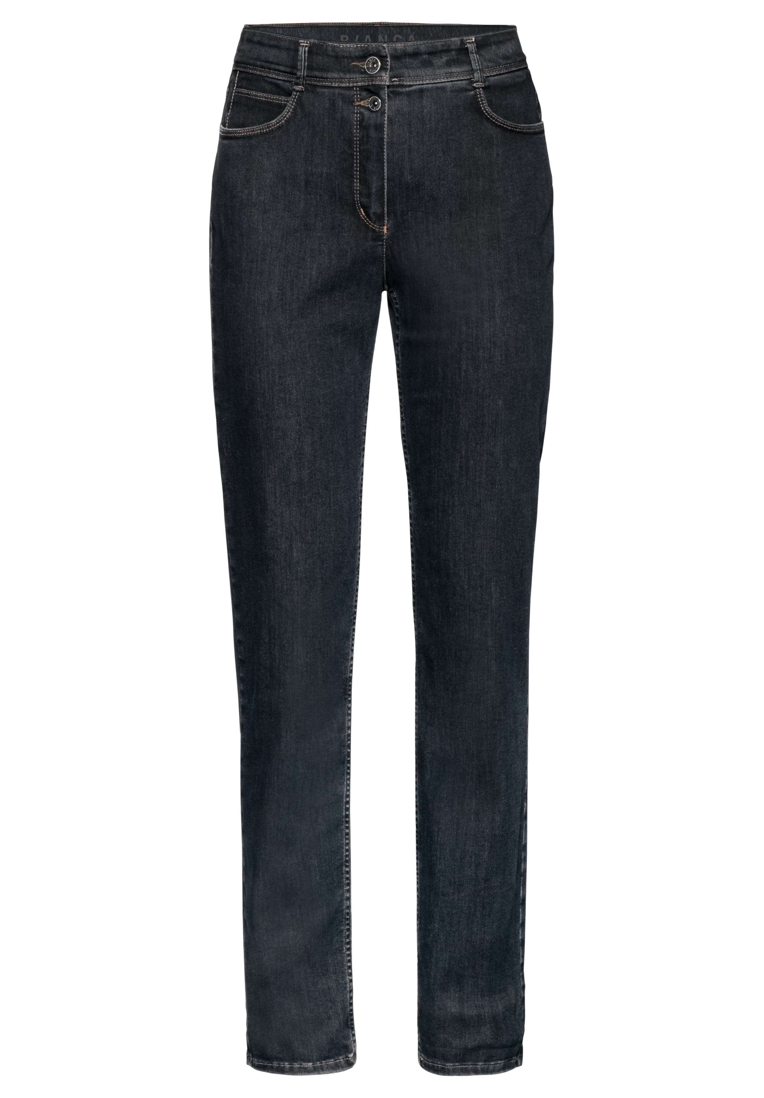 Eine schwarze Jeans mit geradem Bein, Vordertaschen, Gürtelschlaufen und einem doppelten Knopfverschluss an der Taille, präsentiert vor einem weißen Hintergrund.