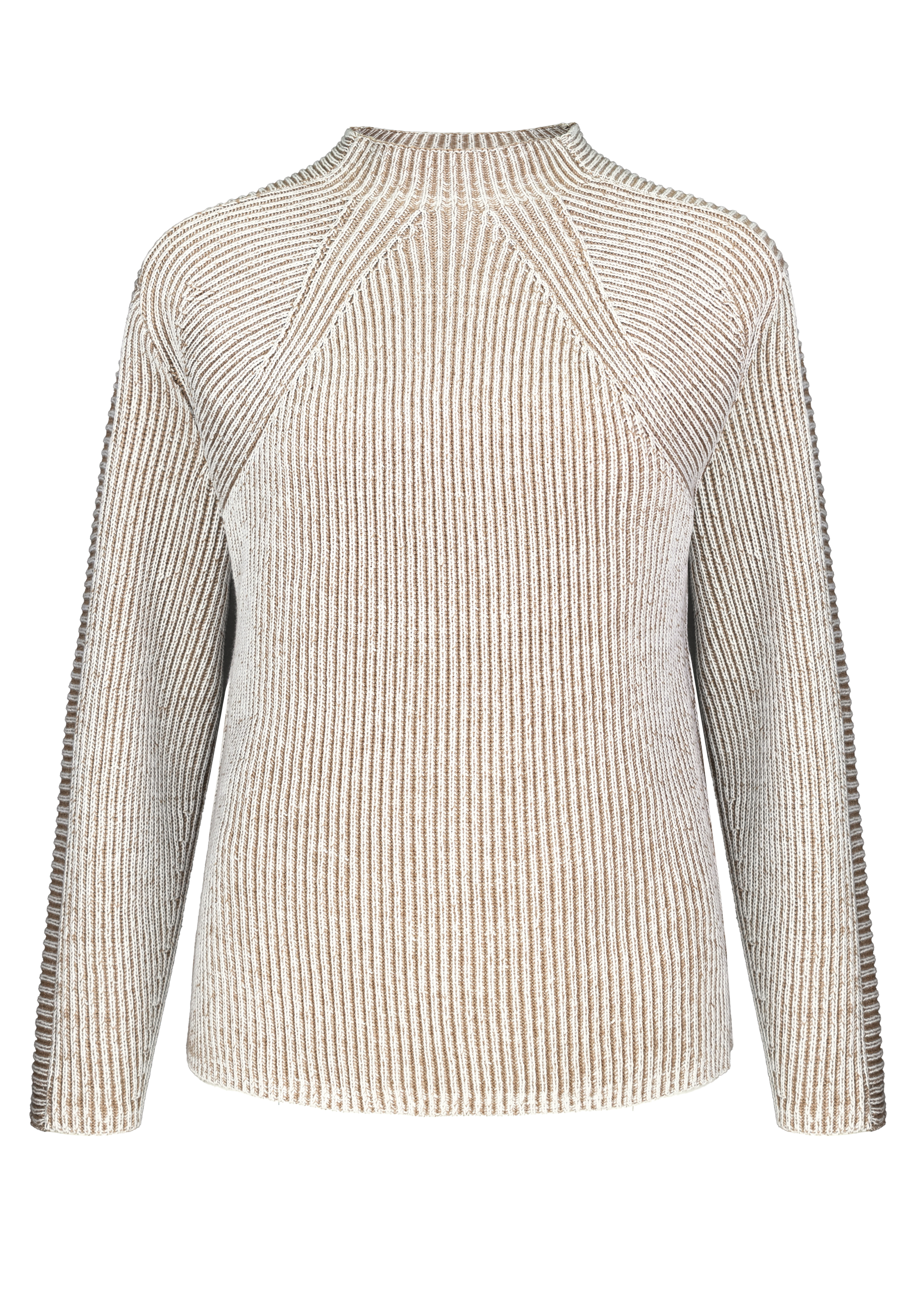 Ein langärmliger, gerippter Pullover mit vertikalen Streifen in Beige und Creme, hohem Rundhalsausschnitt und entspannter Passform auf weißem Hintergrund.