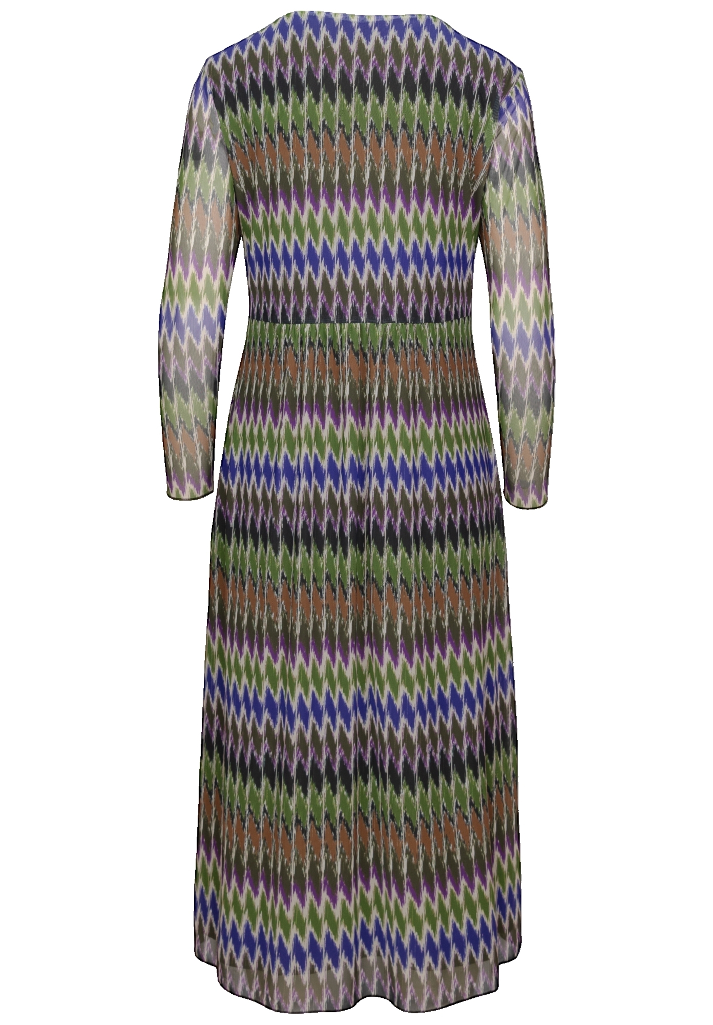 Ein langärmeliges, knöchellanges Kleid mit Zickzackmuster in Grün, Schwarz, Braun, Blau und Weiß. Das Kleid hat eine taillierte Taille und einen fließenden Rock (von hinten betrachtet).