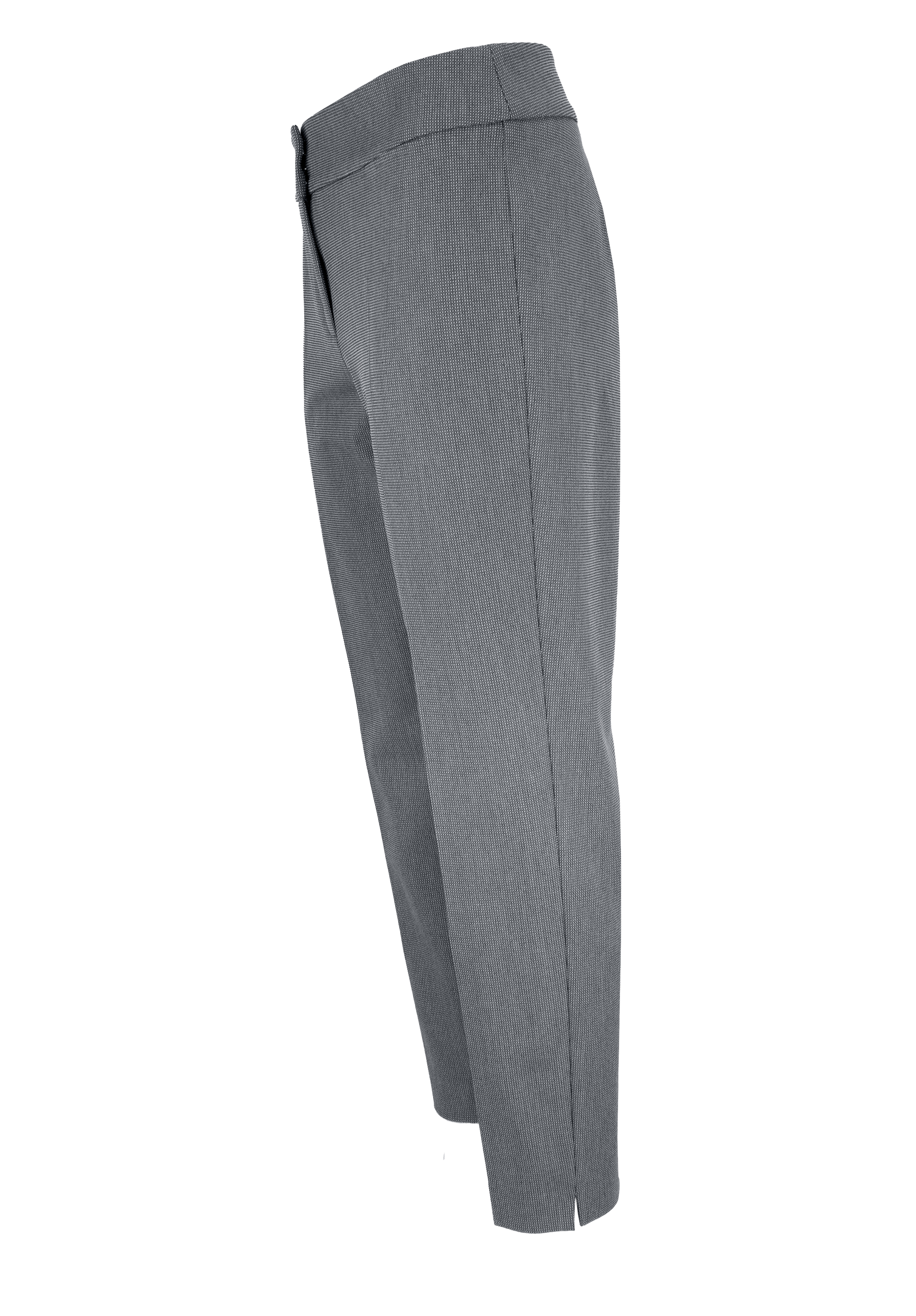 Seitenansicht einer grauen Anzughose mit schmaler Passform, leicht spitz zulaufenden Beinen und einer Bügelfalte auf der Vorderseite. Die Hose hat einen Bund, Gürtelschlaufen und eine sichtbare Naht in der Nähe des Saums.