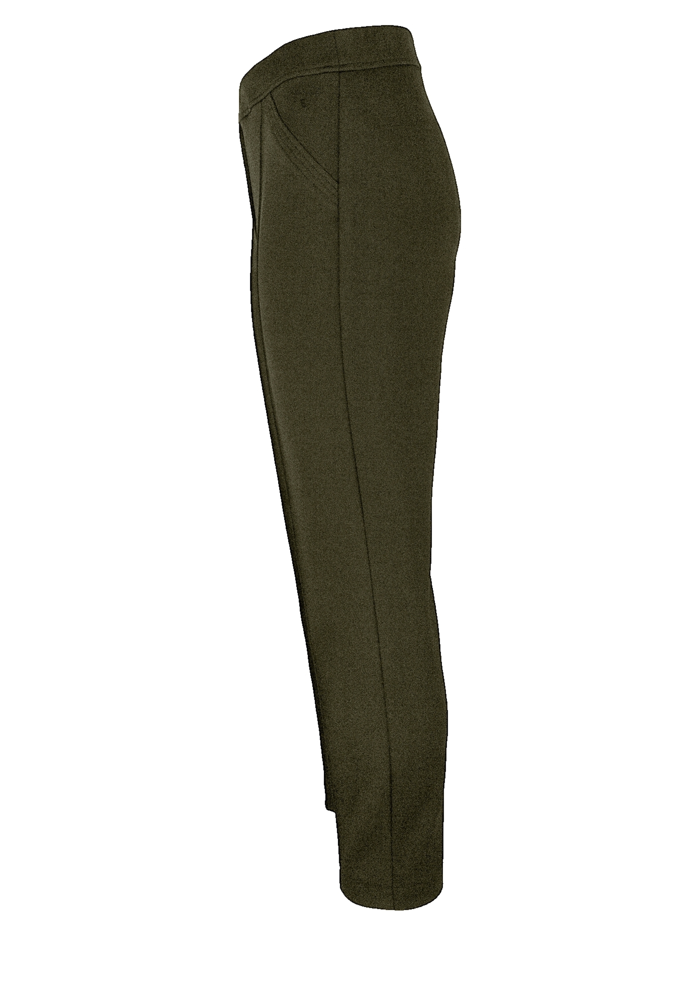 Seitenansicht einer olivgrünen Hose mit hoher Taille, schmal zulaufendem Bein, Bund und Taschen auf weißem Hintergrund.