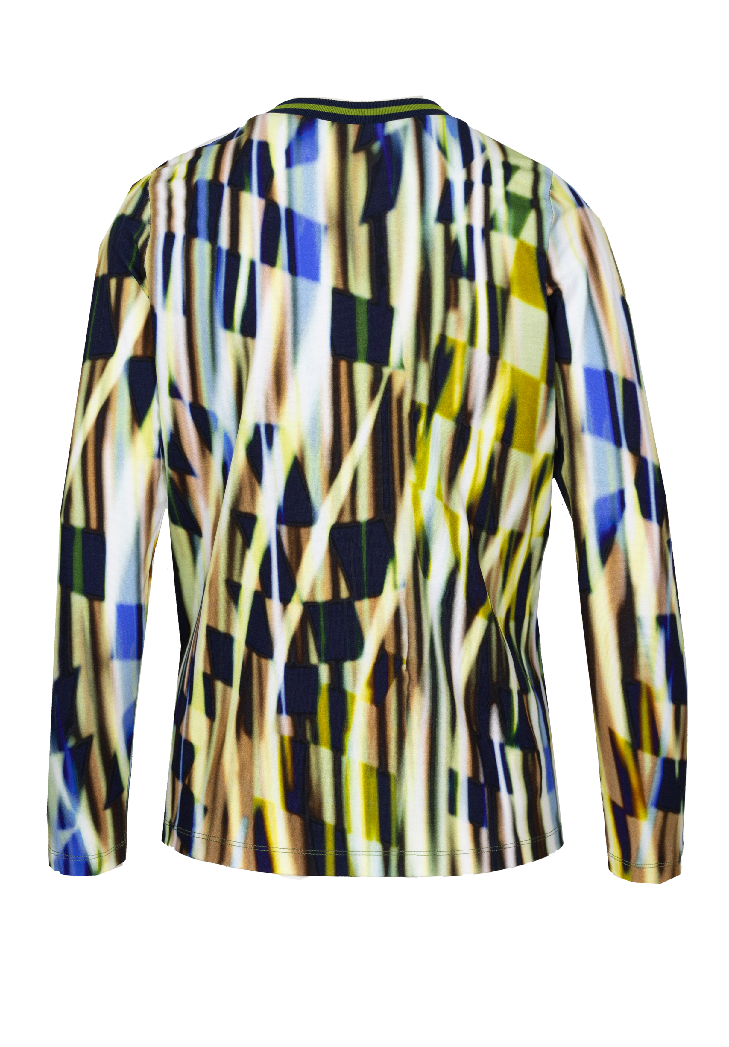 Ein langärmeliges Hemd mit einem kräftigen, abstrakten Muster aus geometrischen und gestreiften Formen in Blau, Gelb, Schwarz und Beige, von hinten gezeigt.