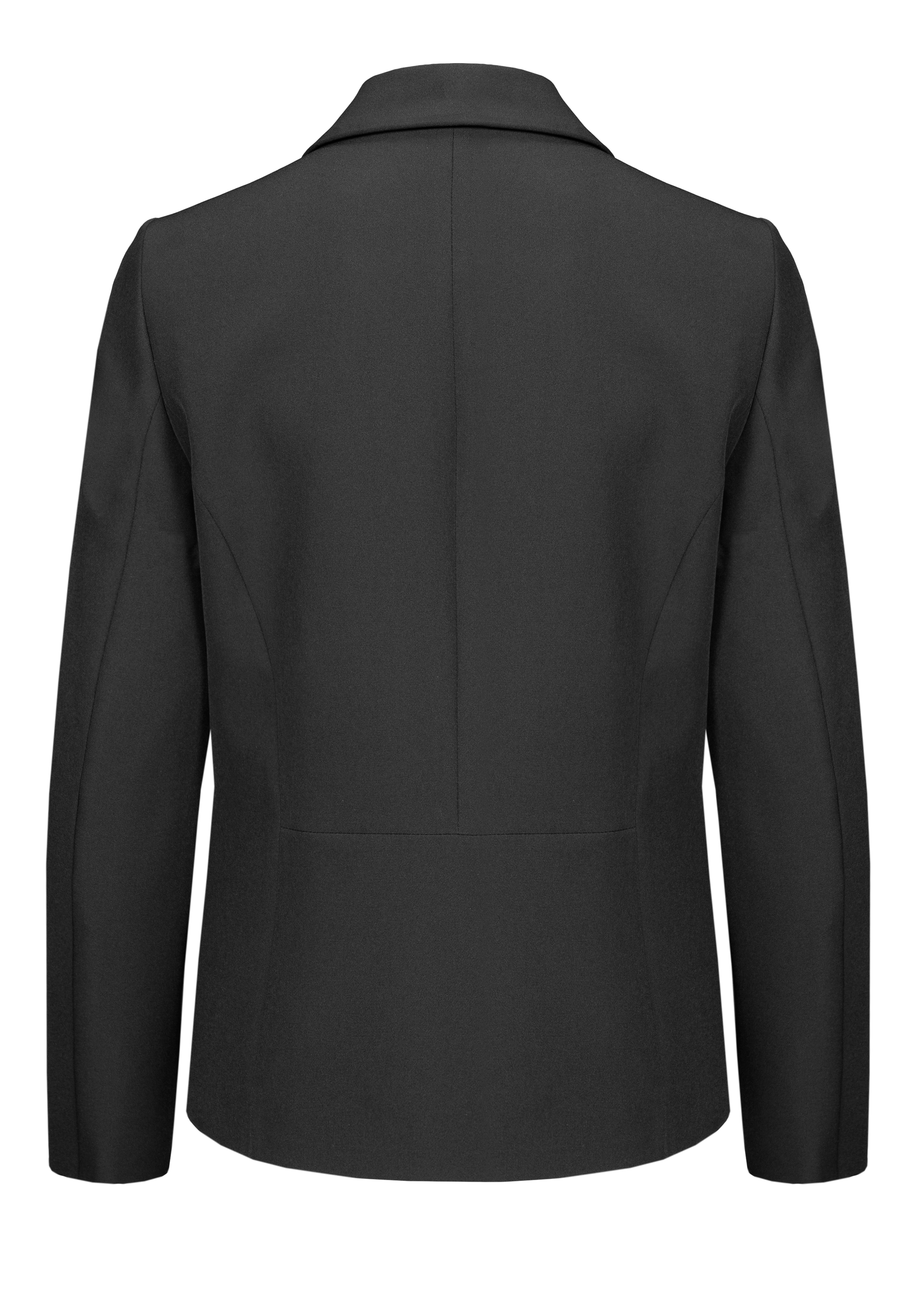 Ein schlichter schwarzer Blazer von hinten gesehen, mit langen Ärmeln, einer strukturierten Passform und einem fallenden Kragen.