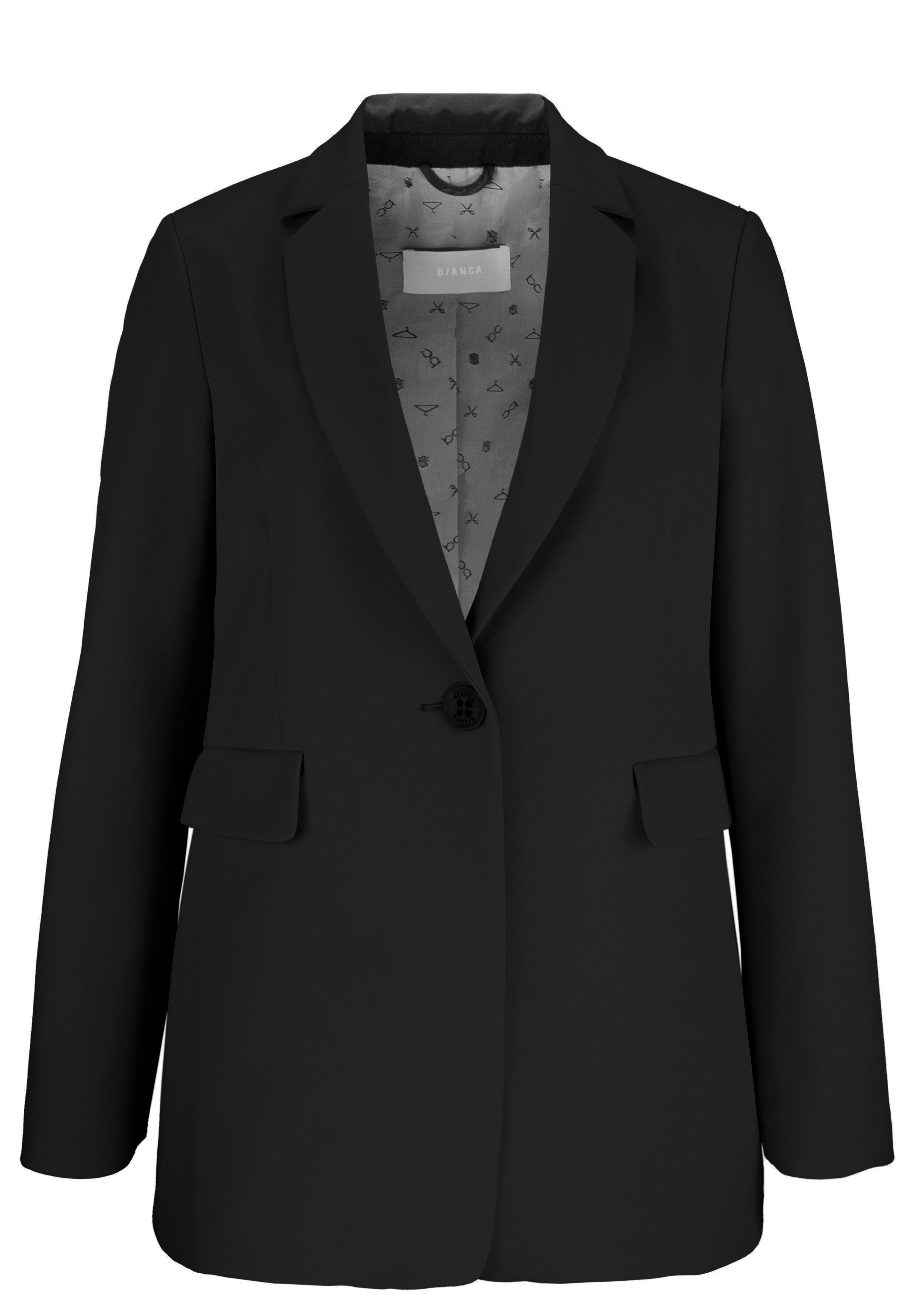 Ein schwarzer Damenblazer mit Ein-Knopf-Verschluss, gekerbtem Revers, zwei Pattentaschen vorne und einem gemusterten Futter, das innen sichtbar ist.