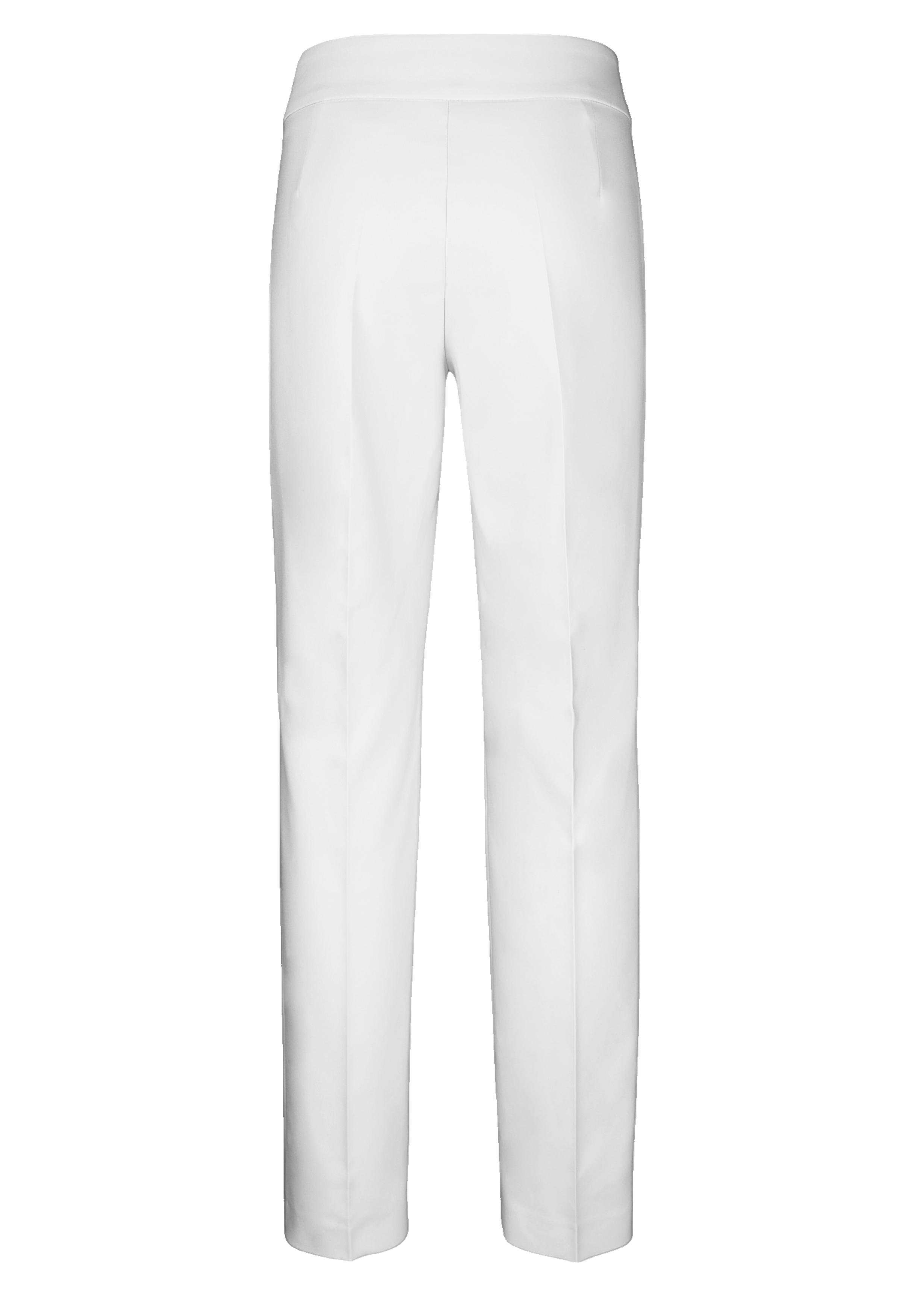 Eine schlichte weiße Anzughose von hinten, mit Bund, zwei Leistentaschen hinten und geradem Bein.