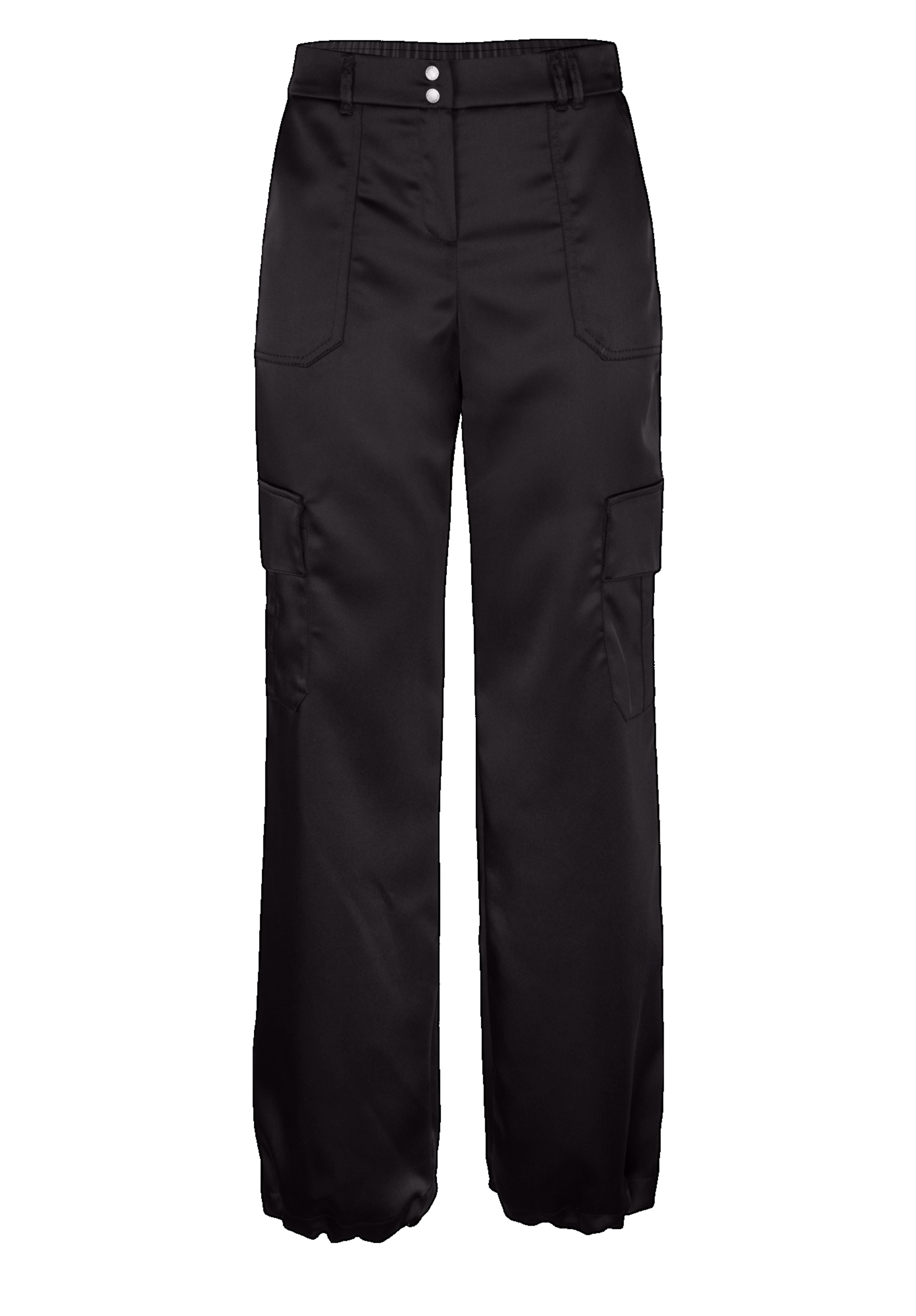 Eine schwarze Cargohose mit Seitentaschen, geradem Bein und Knopfverschluss an der Taille, abgebildet auf weißem Hintergrund.