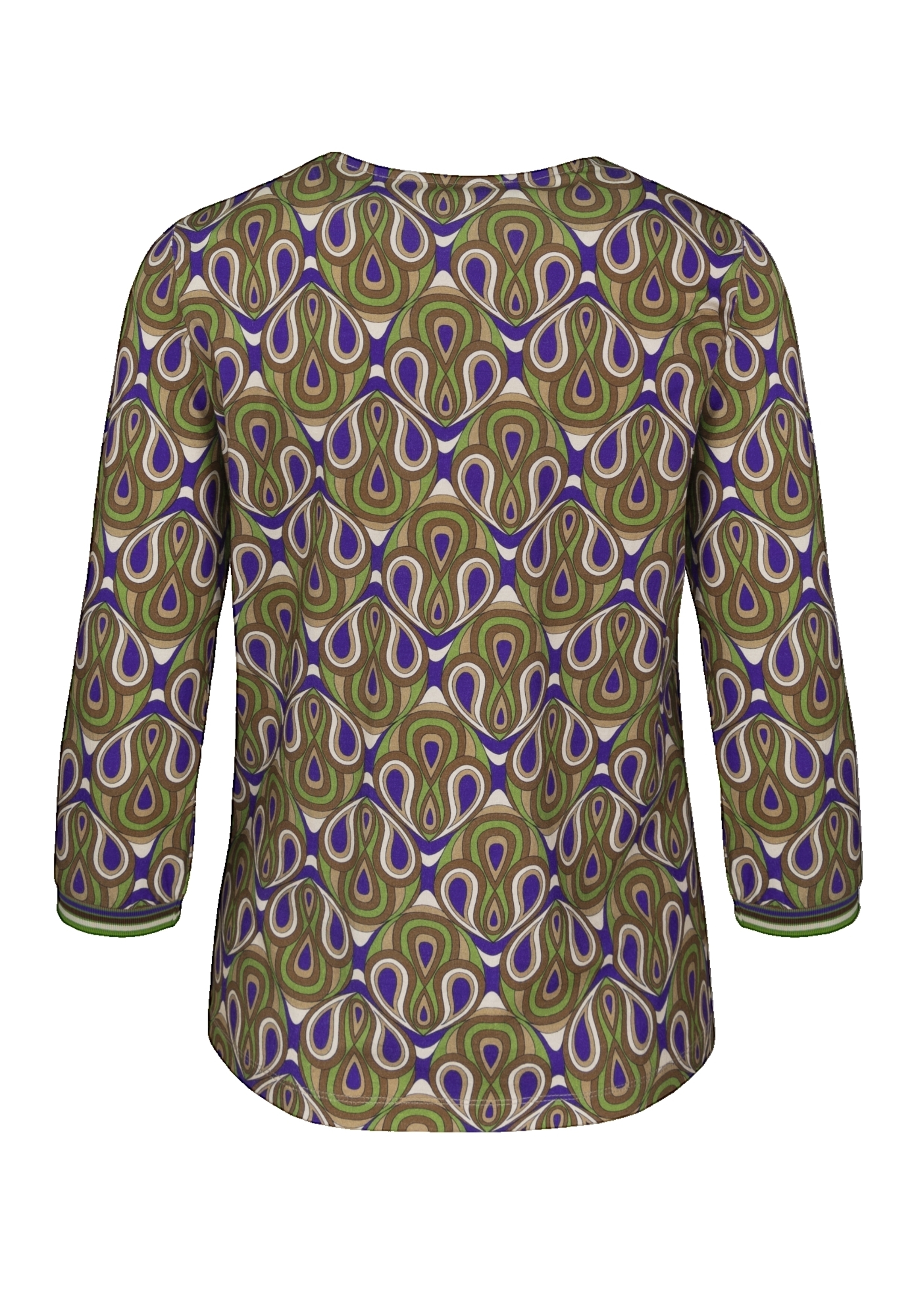 Ein Damen-Langarmshirt mit einem farbenfrohen, abstrakten Muster in Grün-, Lila- und Beigetönen. Das Shirt hat einen Rundhalsausschnitt und ist in der Rückenansicht abgebildet.