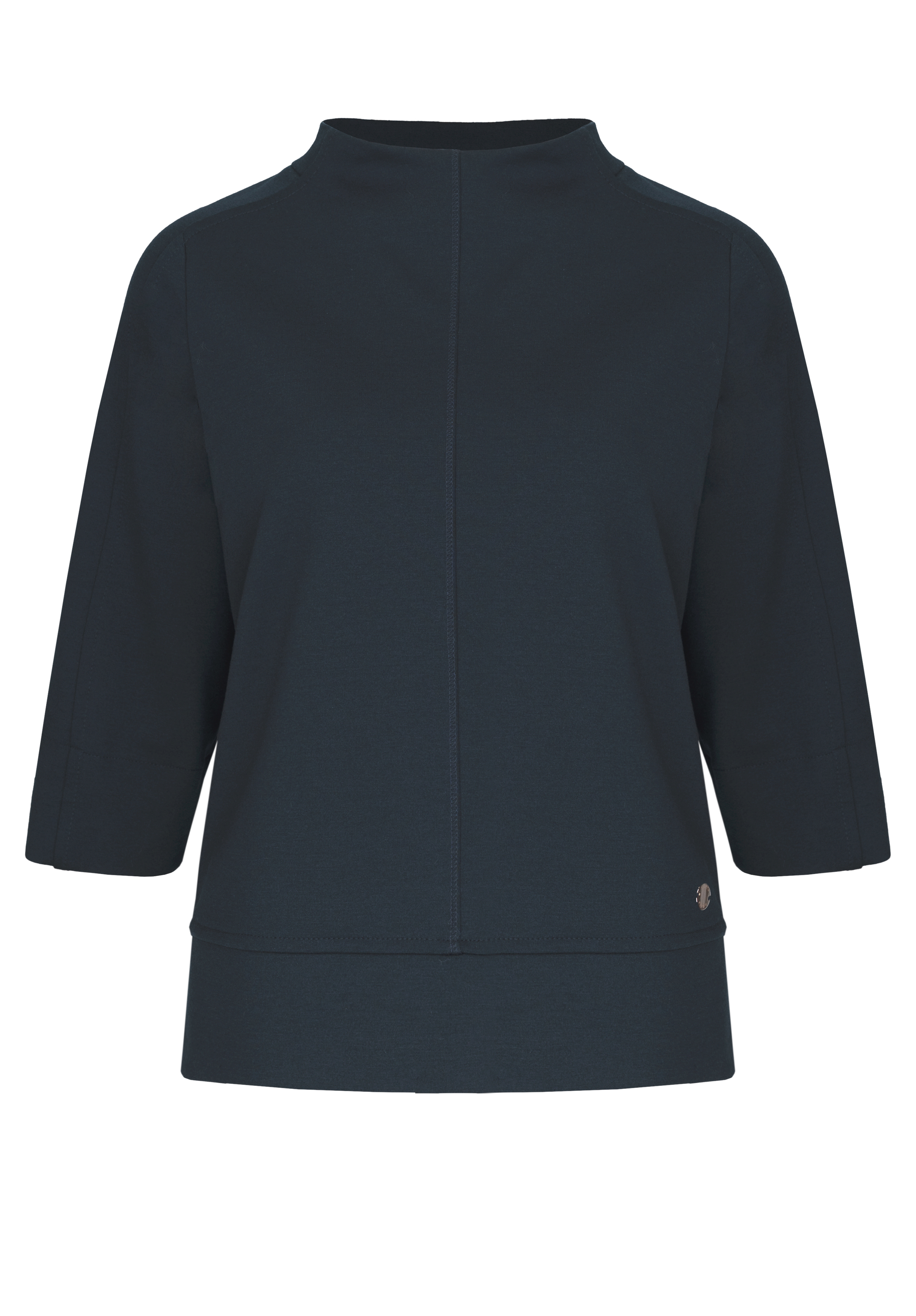 Ein dunkelblaues Oberteil mit Dreiviertelärmeln, Rundhalsausschnitt, lockerer Passform und dezenten vertikalen Nahtdetails in der vorderen Mitte.