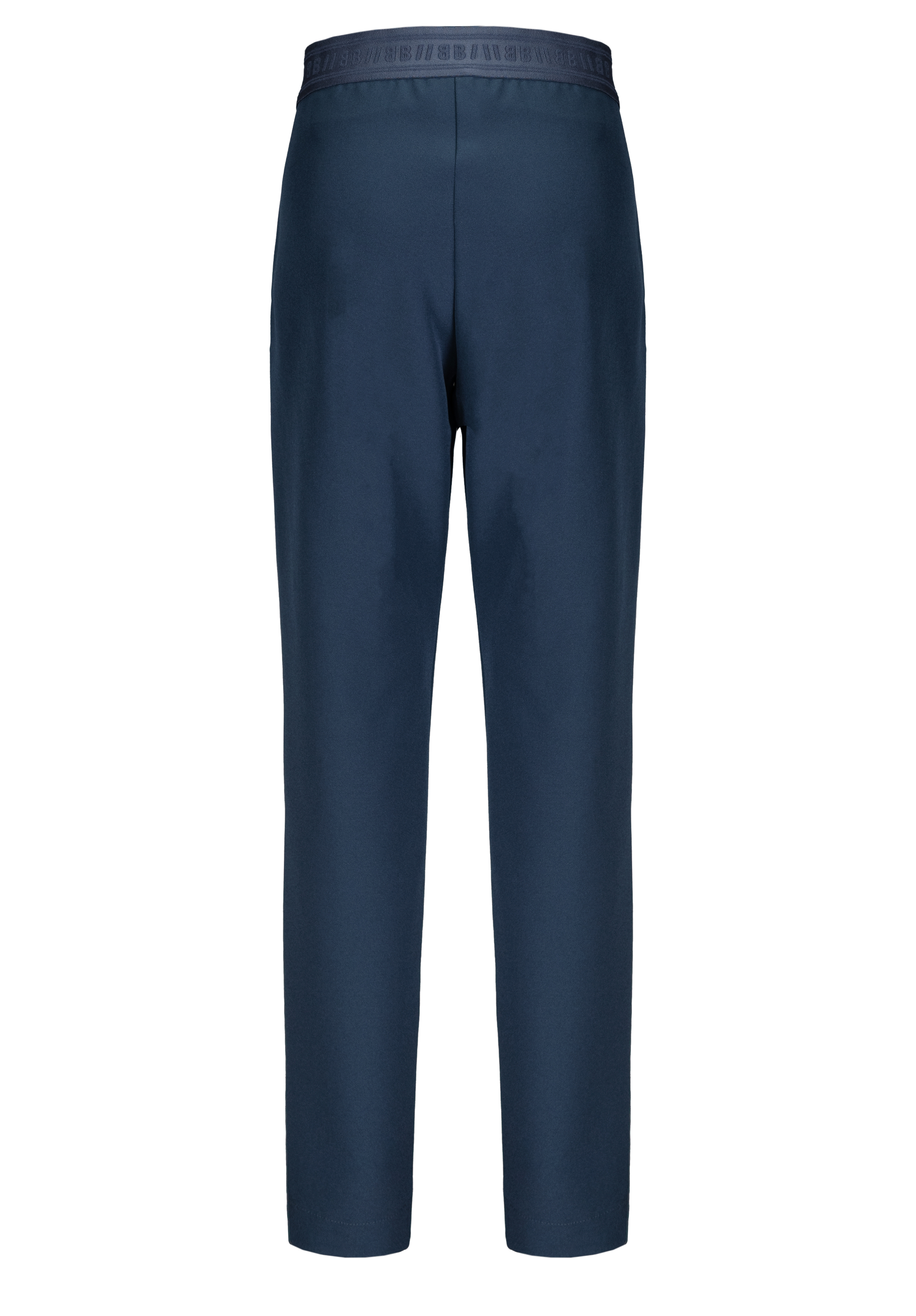 Marineblaue Hose mit geradem Bein, von hinten gesehen, mit elastischem Bund und dezenten Details. Keine sichtbaren Taschen oder weiteren Designelemente.