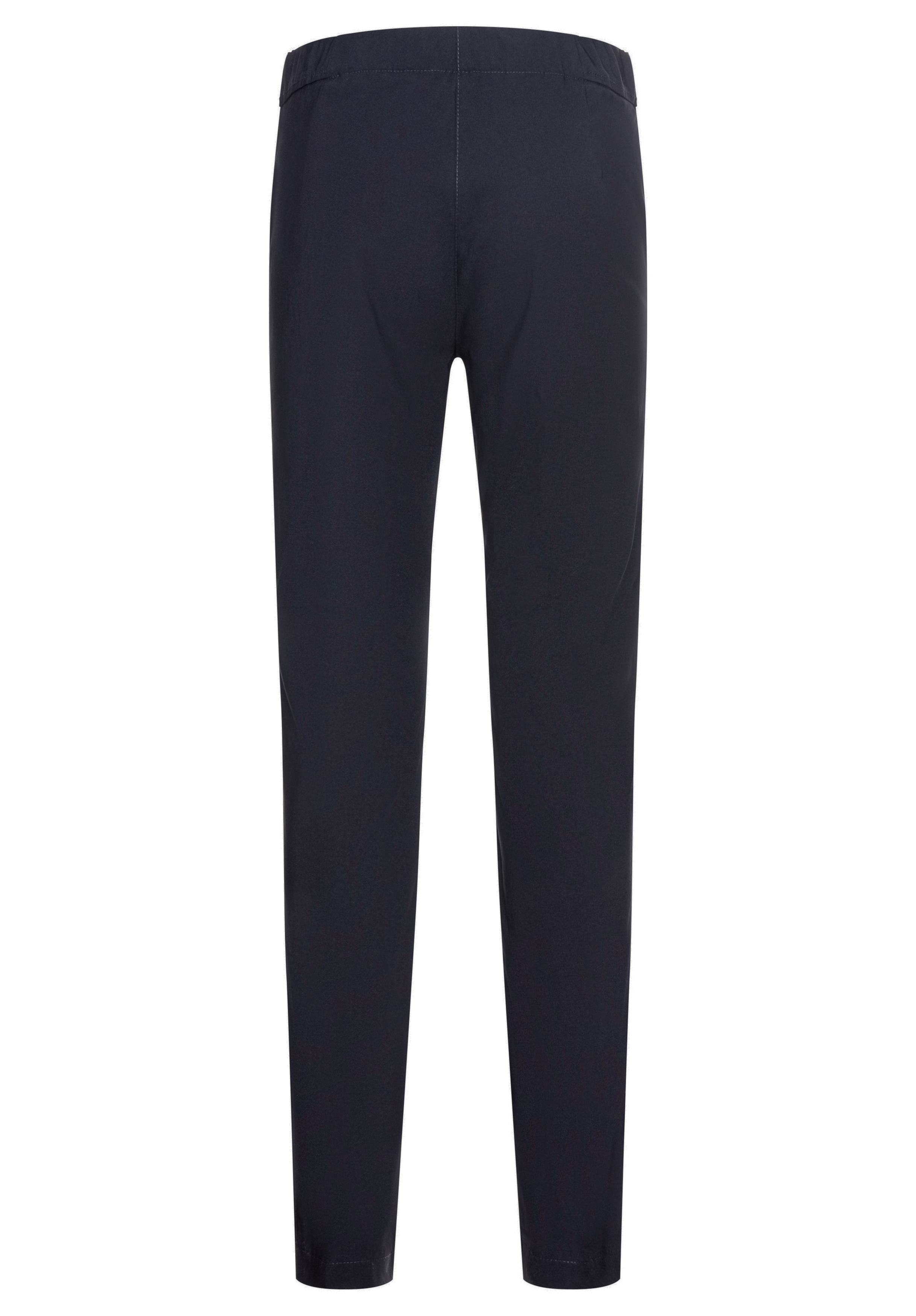 Eine schlichte schwarze Hose, von hinten gesehen, mit einfachem Design und elastischem Bund.
