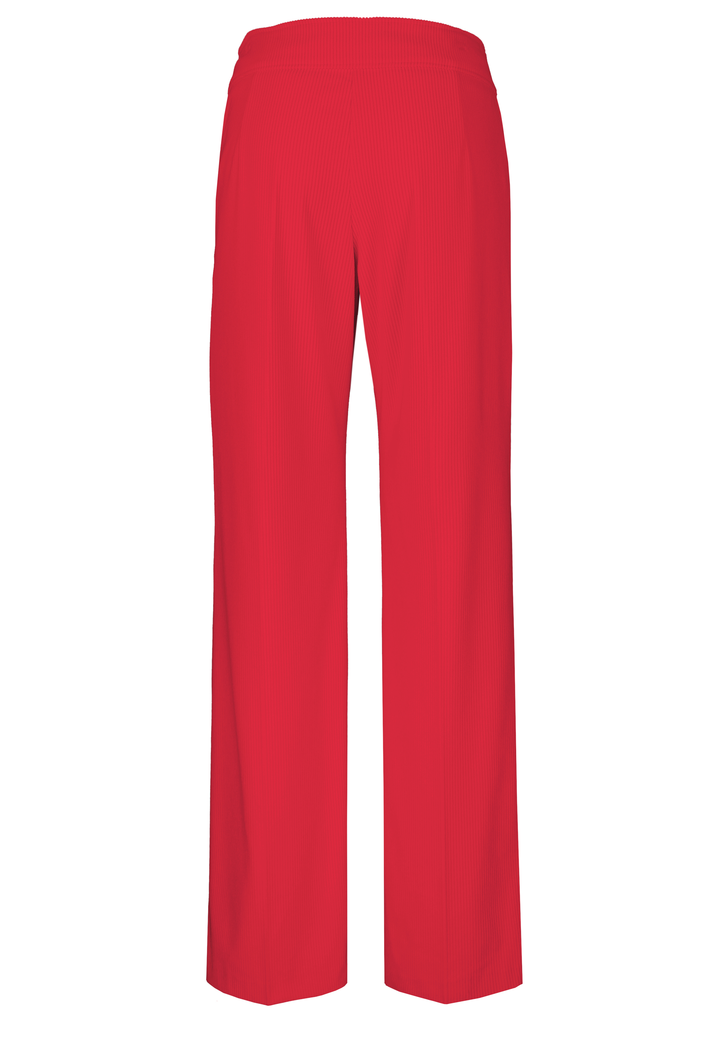 Leuchtend rote Hose mit weitem Bein und hohem Gummibund, fotografiert vor weißem Hintergrund. Die Hose hat keine sichtbaren Taschen oder Verzierungen und zeichnet sich durch eine lockere, bequeme Passform aus.