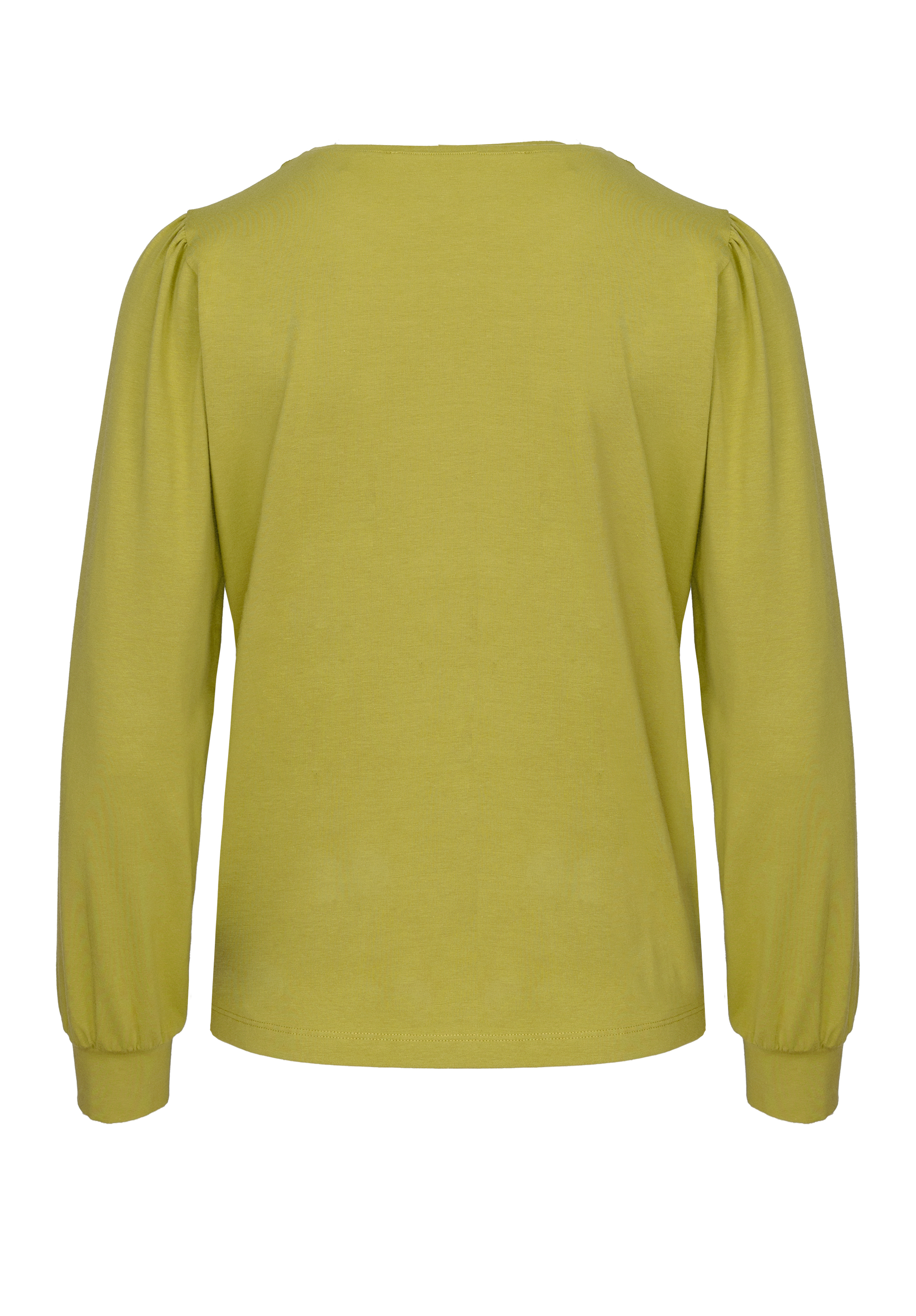 Ein schlichtes, langärmeliges, hellgrünes Oberteil von hinten betrachtet. Das Hemd ist an Schultern und Manschetten leicht gerafft, was einen dezenten Puffärmel-Effekt erzeugt.
